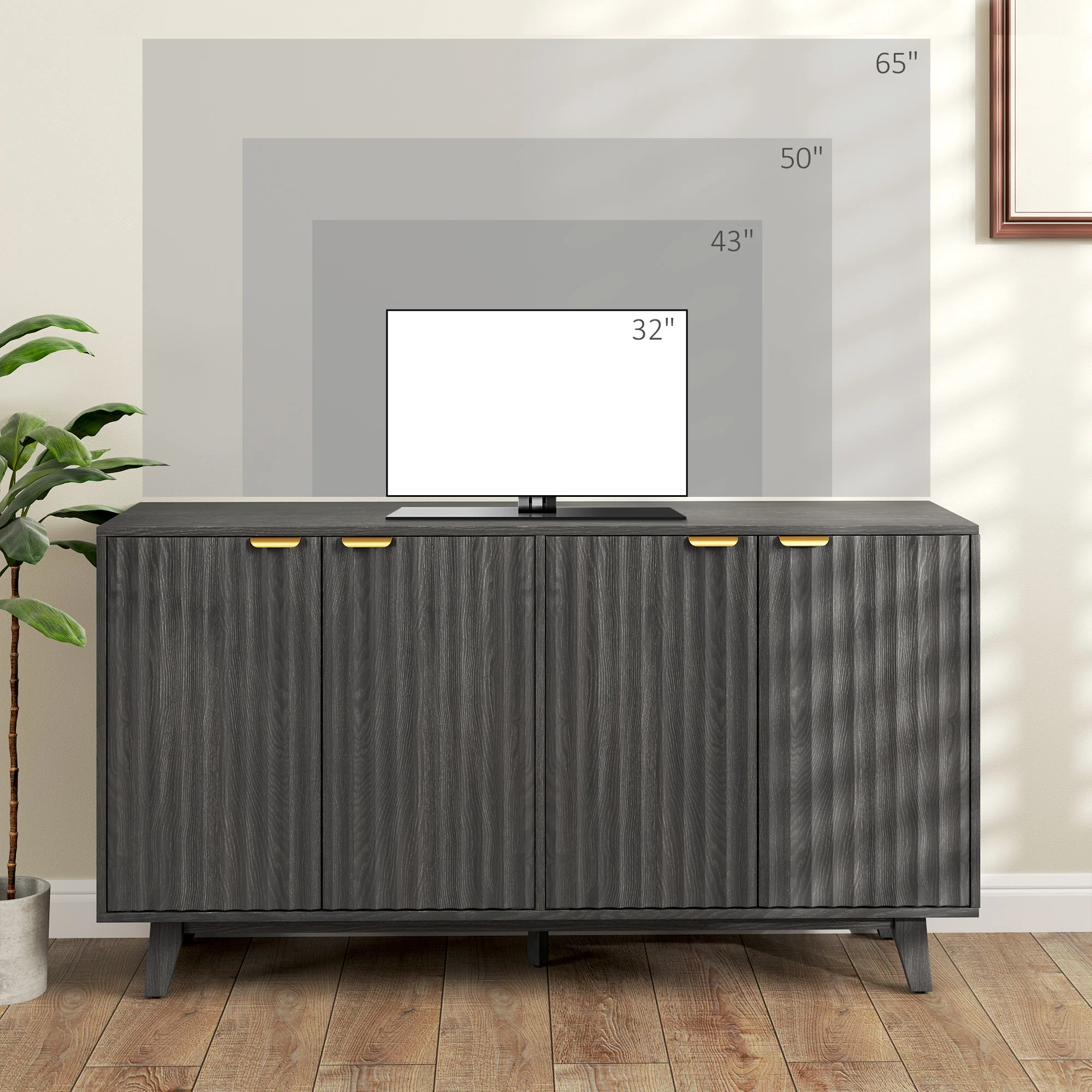 55" Sideboard Storage Cabinet w/ 4 Doors, 2 Adjustable Shelves & 5 Wood Legs, Distressed Gray - Image 9
