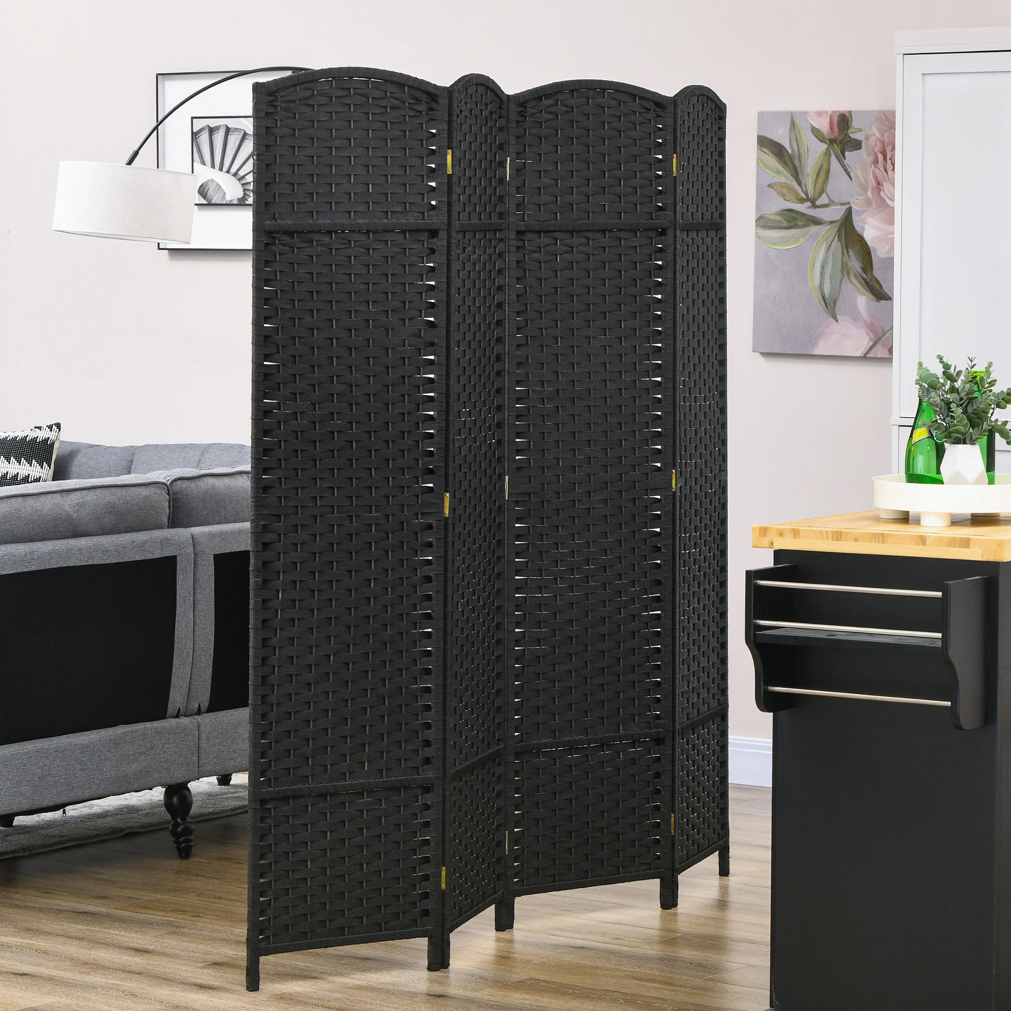 4 Panel 5.6' Tall Privacy Screen Freestanding Room Divider, Black - Image 3