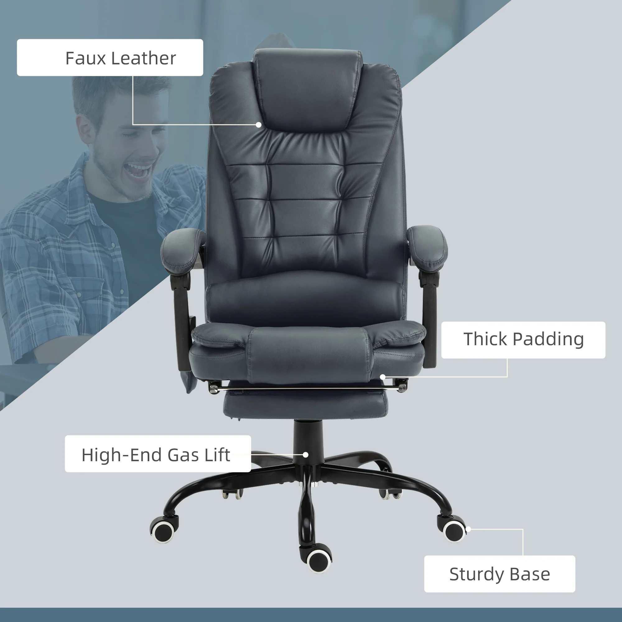 7-Point Massage Office Chair w/ Lumbar Support, Footrest & Adjustable Height, Blue - Image 10