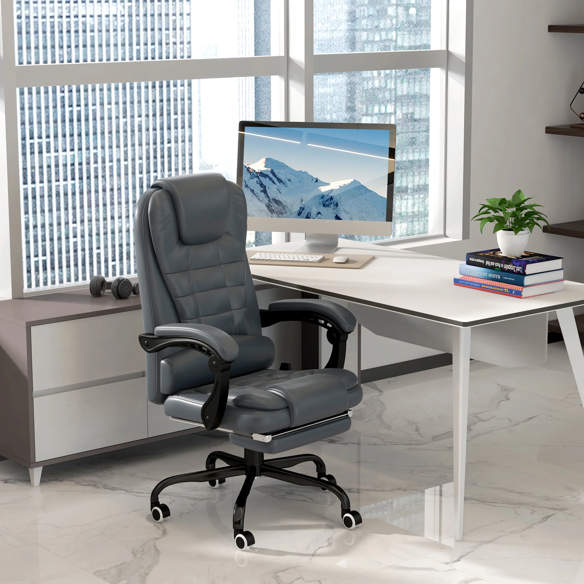 7-Point Massage Office Chair w/ Lumbar Support, Footrest & Adjustable Height, Blue - Image 4