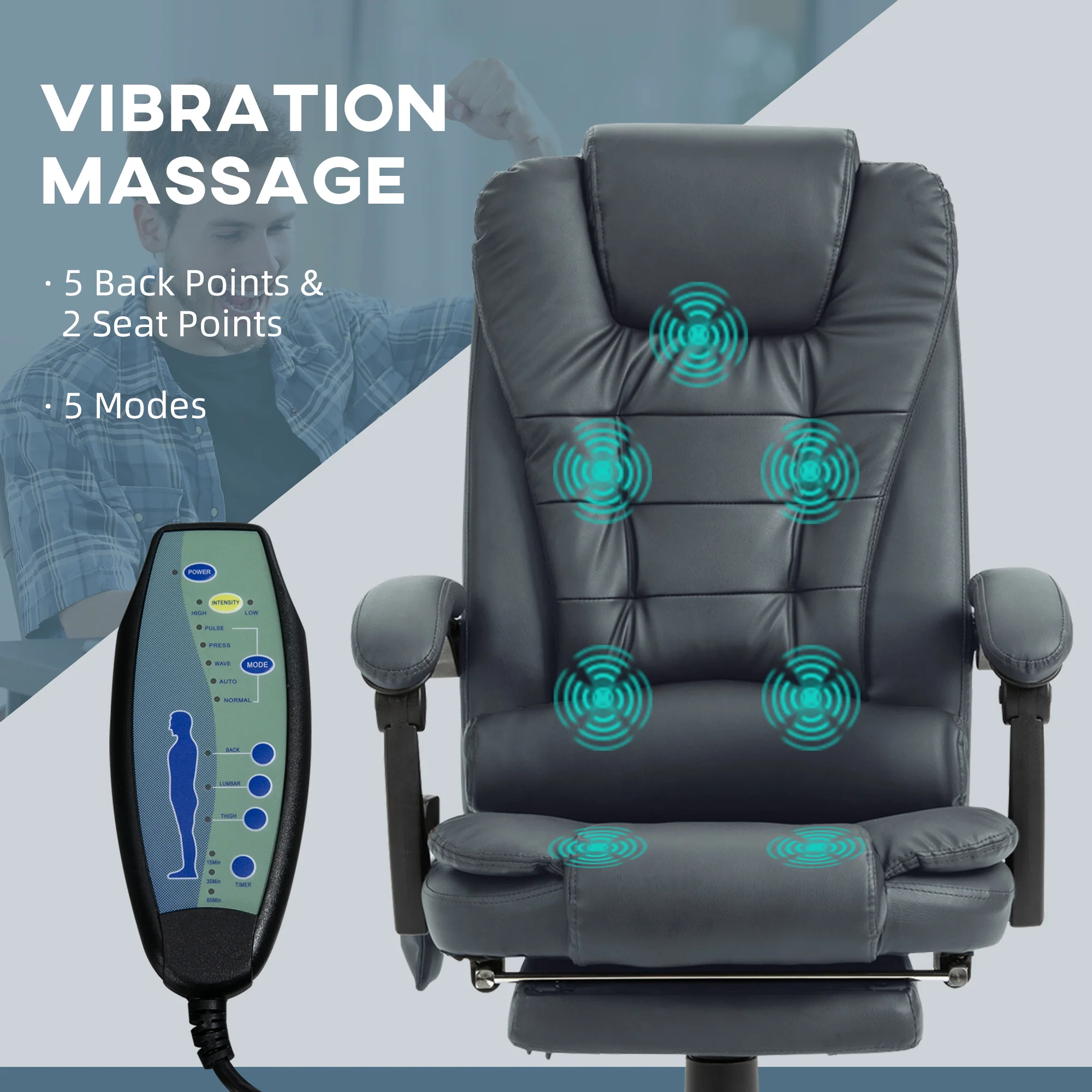 7-Point Massage Office Chair w/ Lumbar Support, Footrest & Adjustable Height, Blue - Image 6