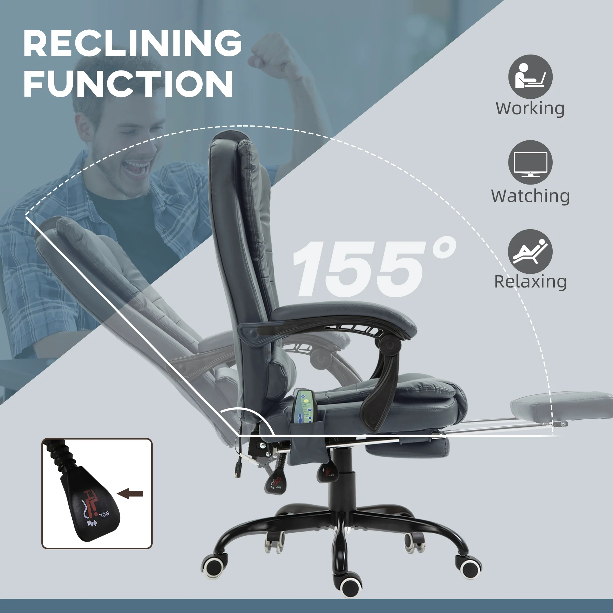 7-Point Massage Office Chair w/ Lumbar Support, Footrest & Adjustable Height, Blue - Image 7