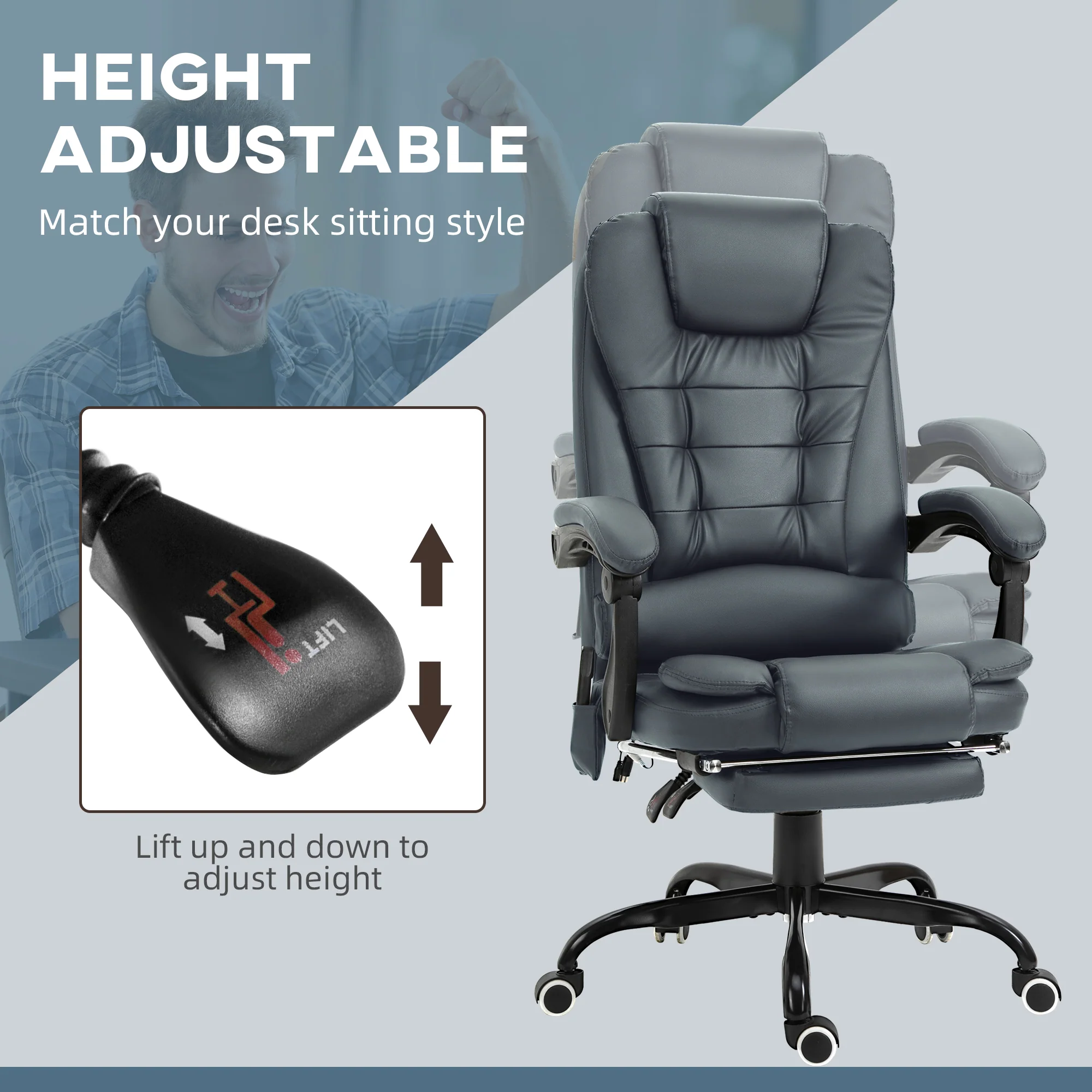 7-Point Massage Office Chair w/ Lumbar Support, Footrest & Adjustable Height, Blue - Image 8