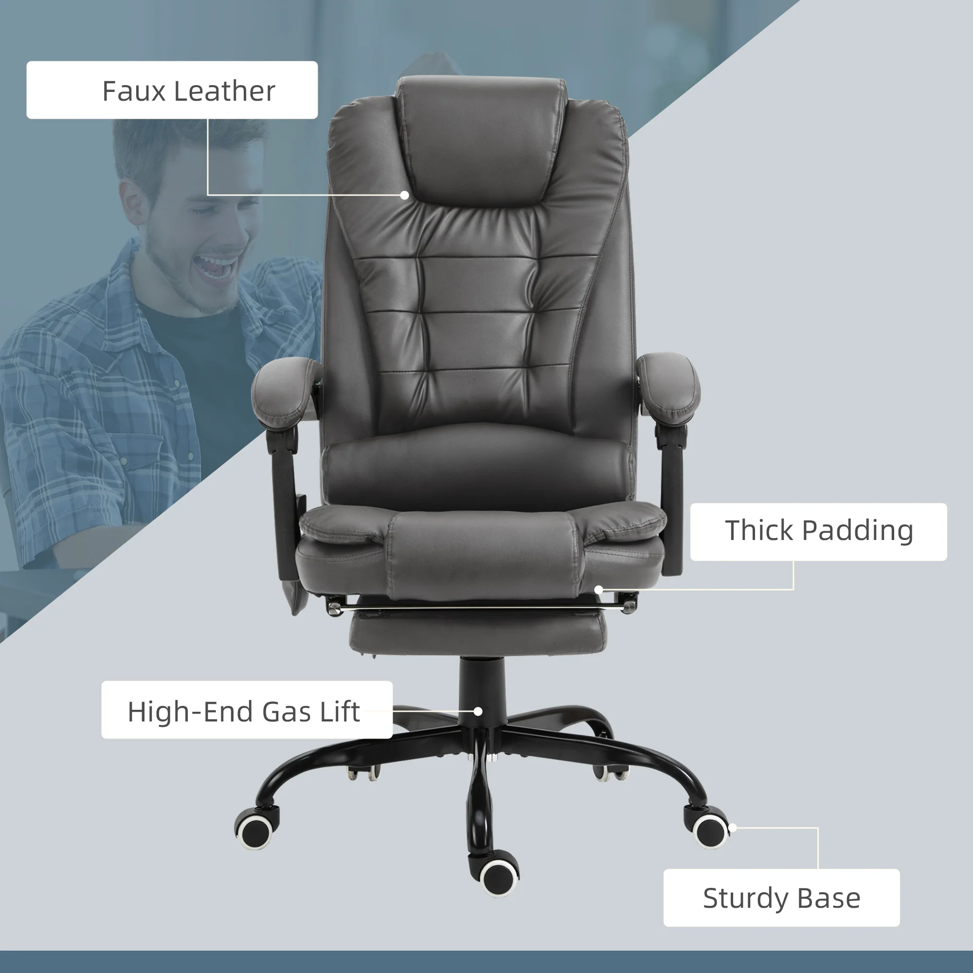 7-Point Massage Office Chair w/ Lumbar Support, Footrest & Adjustable Height, Gray - Image 10