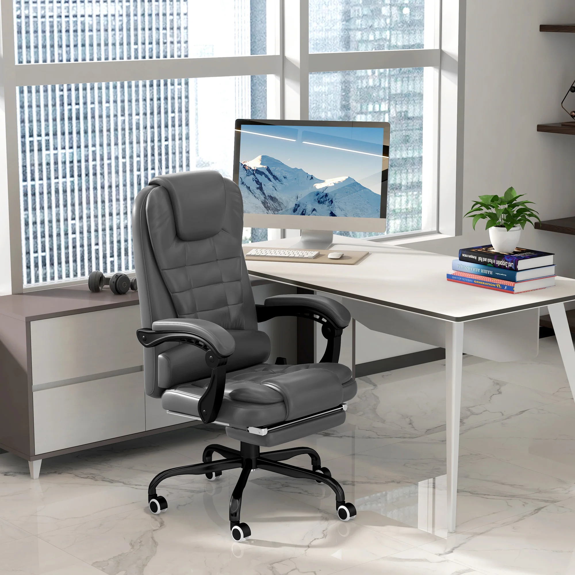 7-Point Massage Office Chair w/ Lumbar Support, Footrest & Adjustable Height, Gray - Image 4