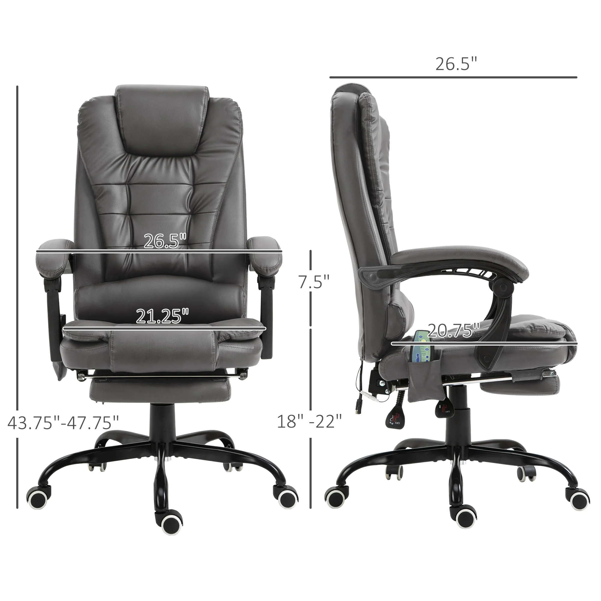 7-Point Massage Office Chair w/ Lumbar Support, Footrest & Adjustable Height, Gray - Image 5