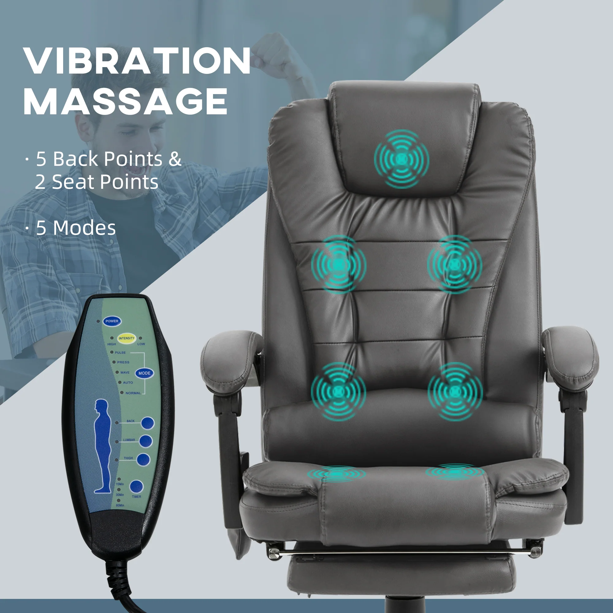 7-Point Massage Office Chair w/ Lumbar Support, Footrest & Adjustable Height, Gray - Image 6