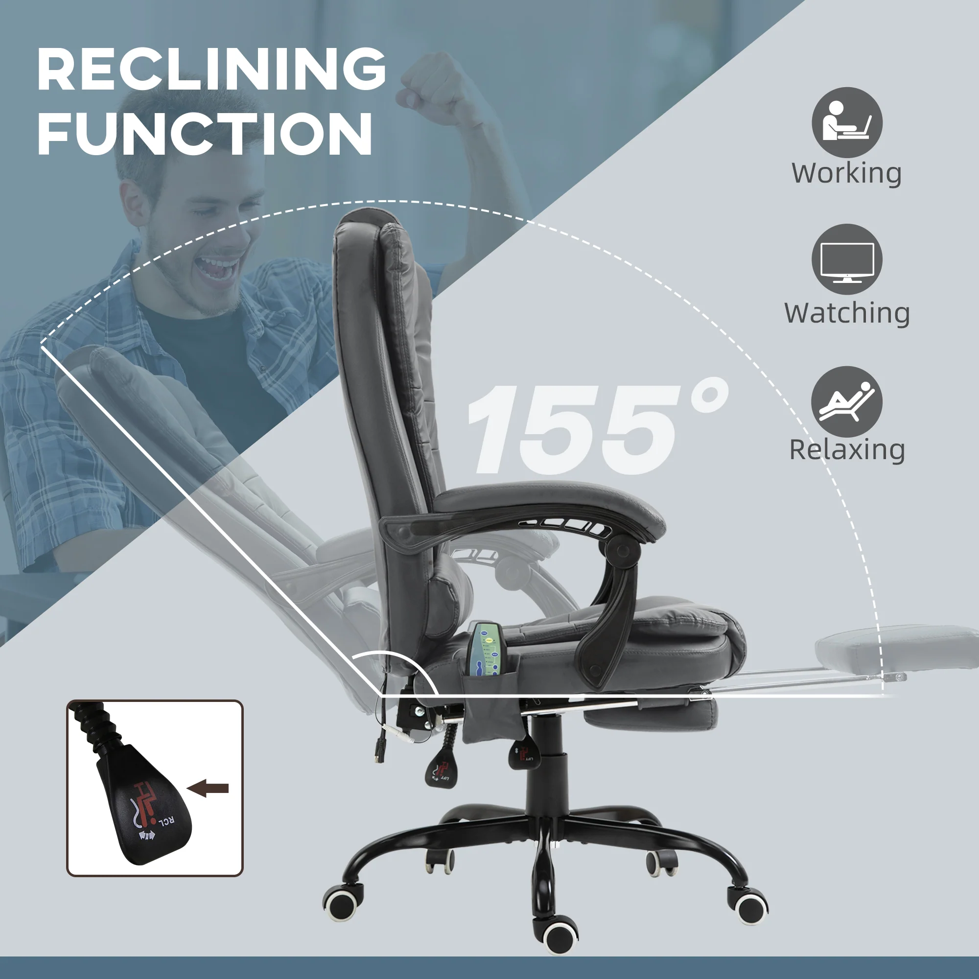 7-Point Massage Office Chair w/ Lumbar Support, Footrest & Adjustable Height, Gray - Image 7