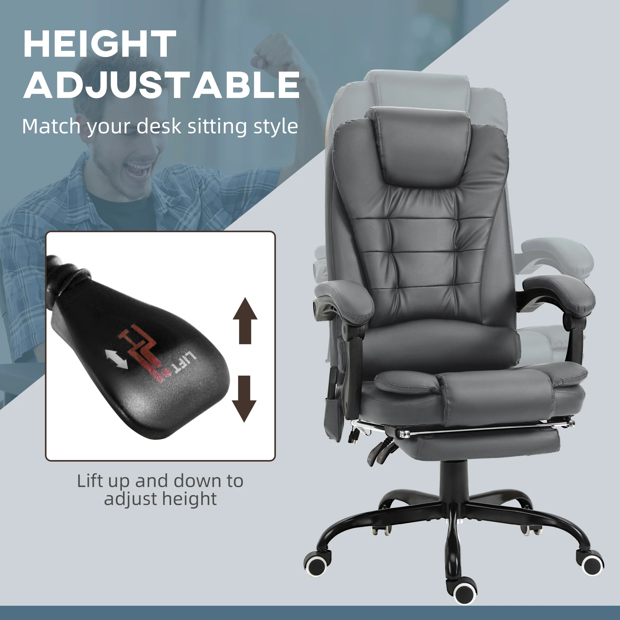 7-Point Massage Office Chair w/ Lumbar Support, Footrest & Adjustable Height, Gray - Image 8