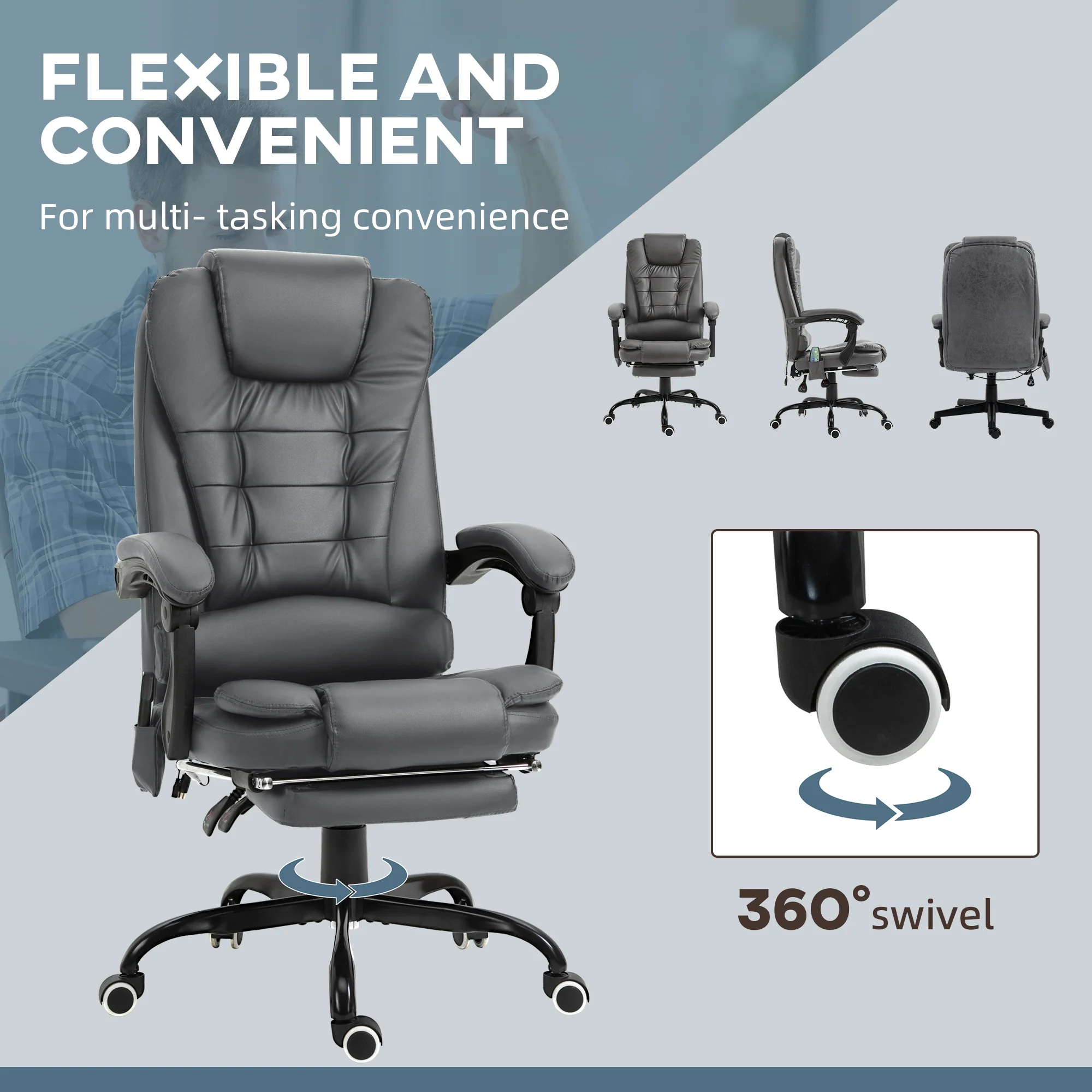 7-Point Massage Office Chair w/ Lumbar Support, Footrest & Adjustable Height, Gray - Image 9