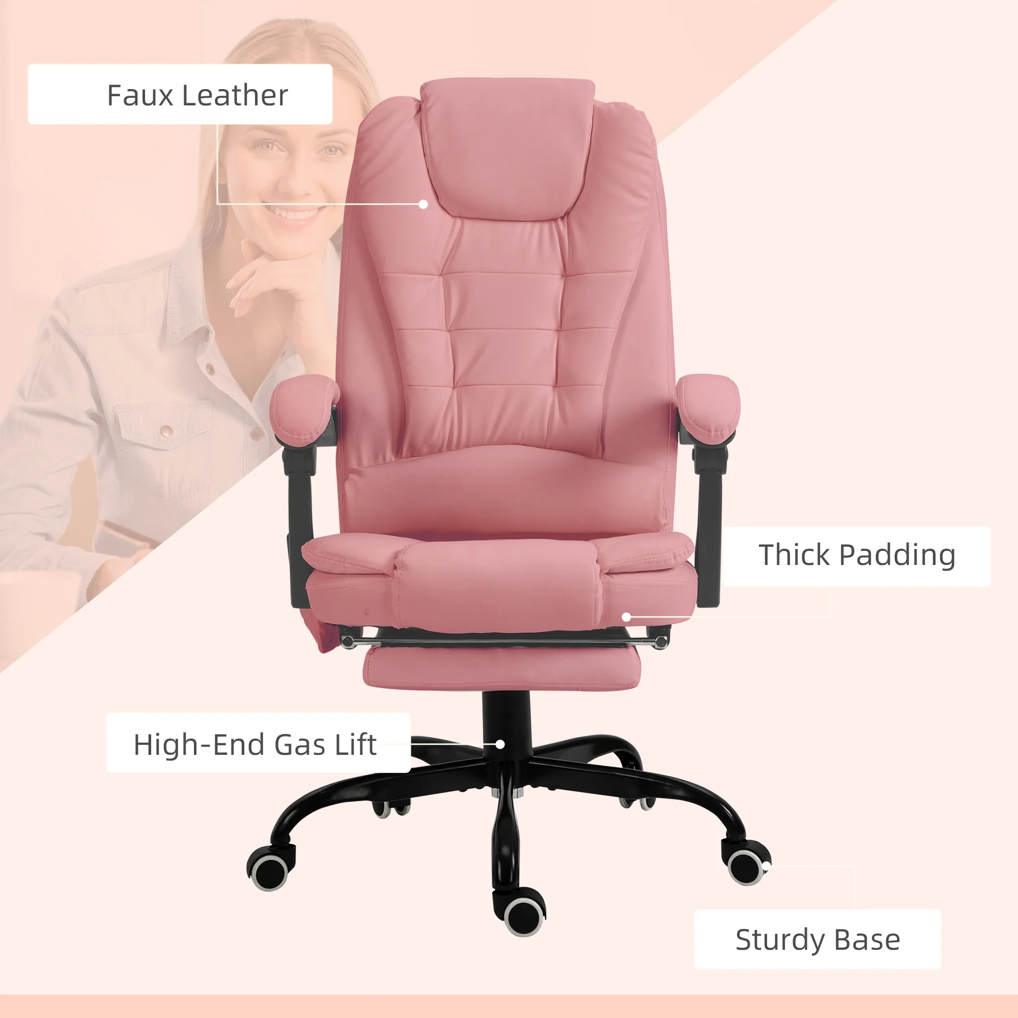 7-Point Massage Office Chair w/ Lumbar Support, Footrest & Adjustable Height, Pink - Image 10
