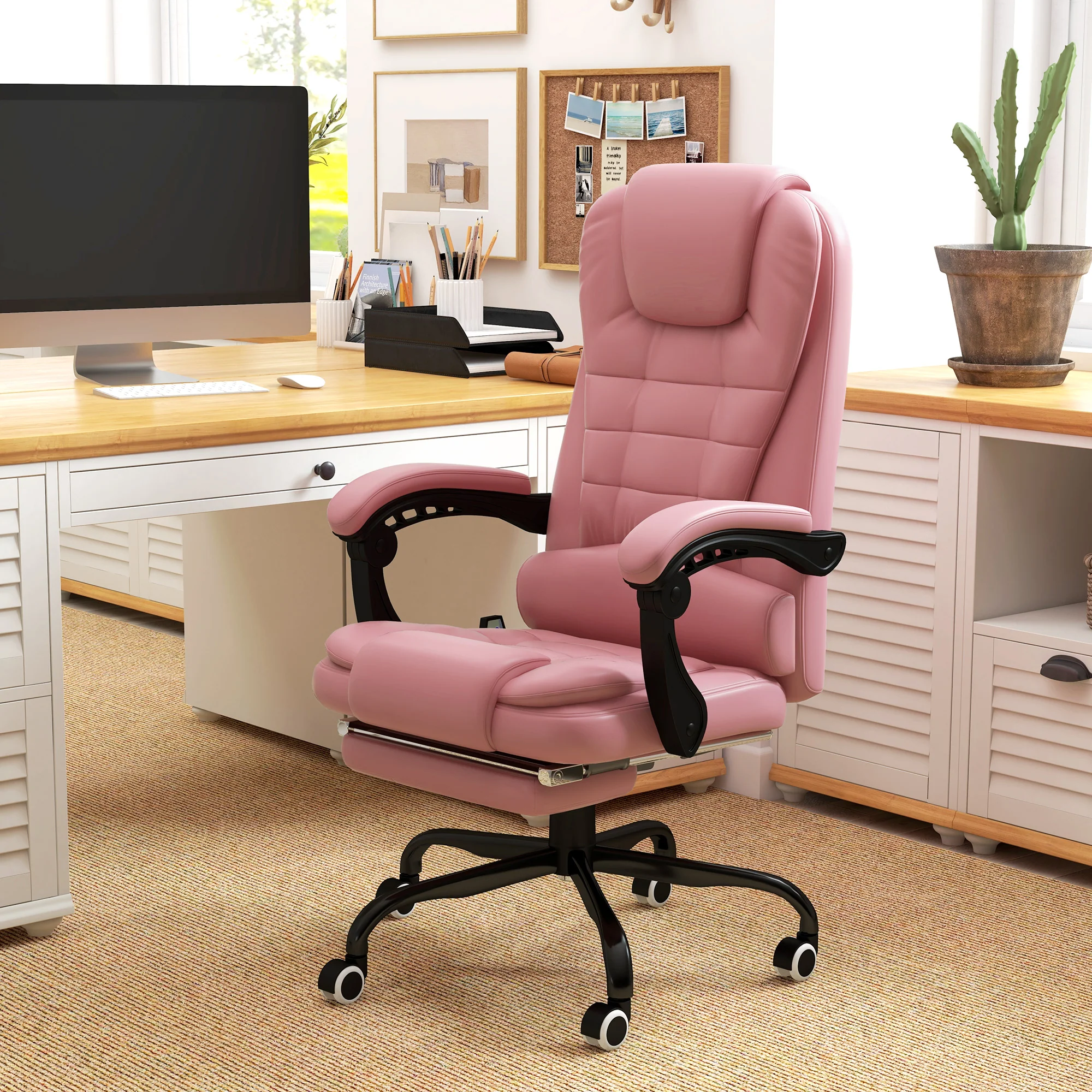 7-Point Massage Office Chair w/ Lumbar Support, Footrest & Adjustable Height, Pink - Image 3