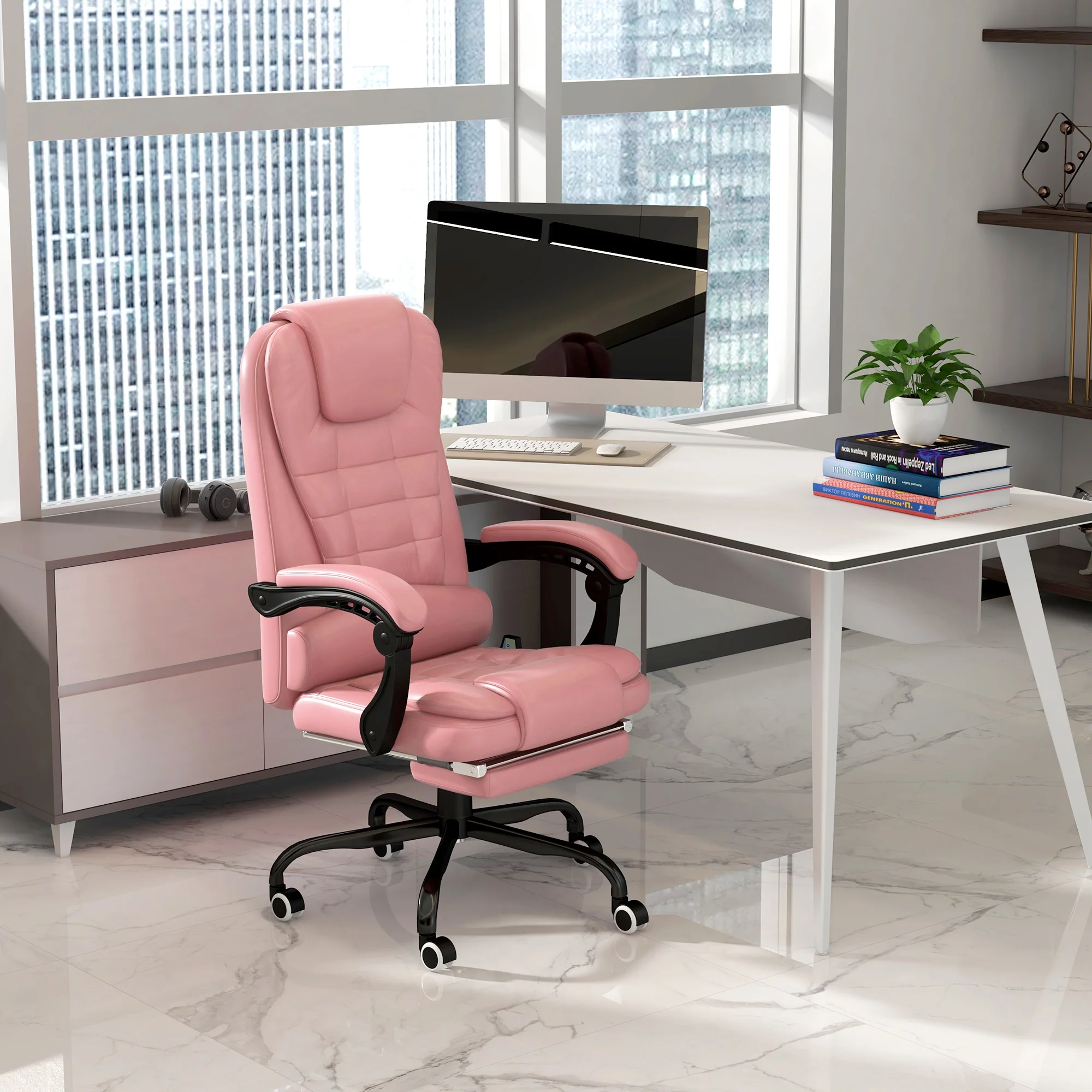 7-Point Massage Office Chair w/ Lumbar Support, Footrest & Adjustable Height, Pink - Image 4