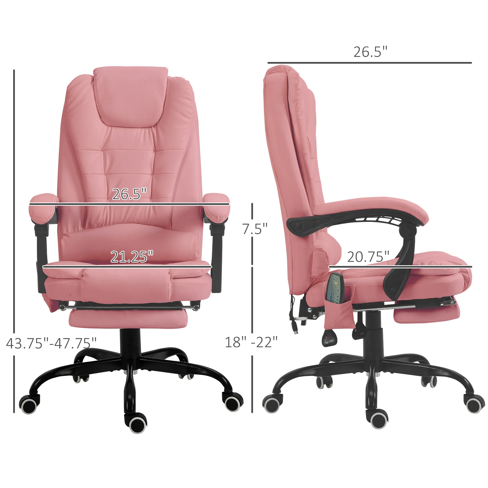 7-Point Massage Office Chair w/ Lumbar Support, Footrest & Adjustable Height, Pink - Image 5
