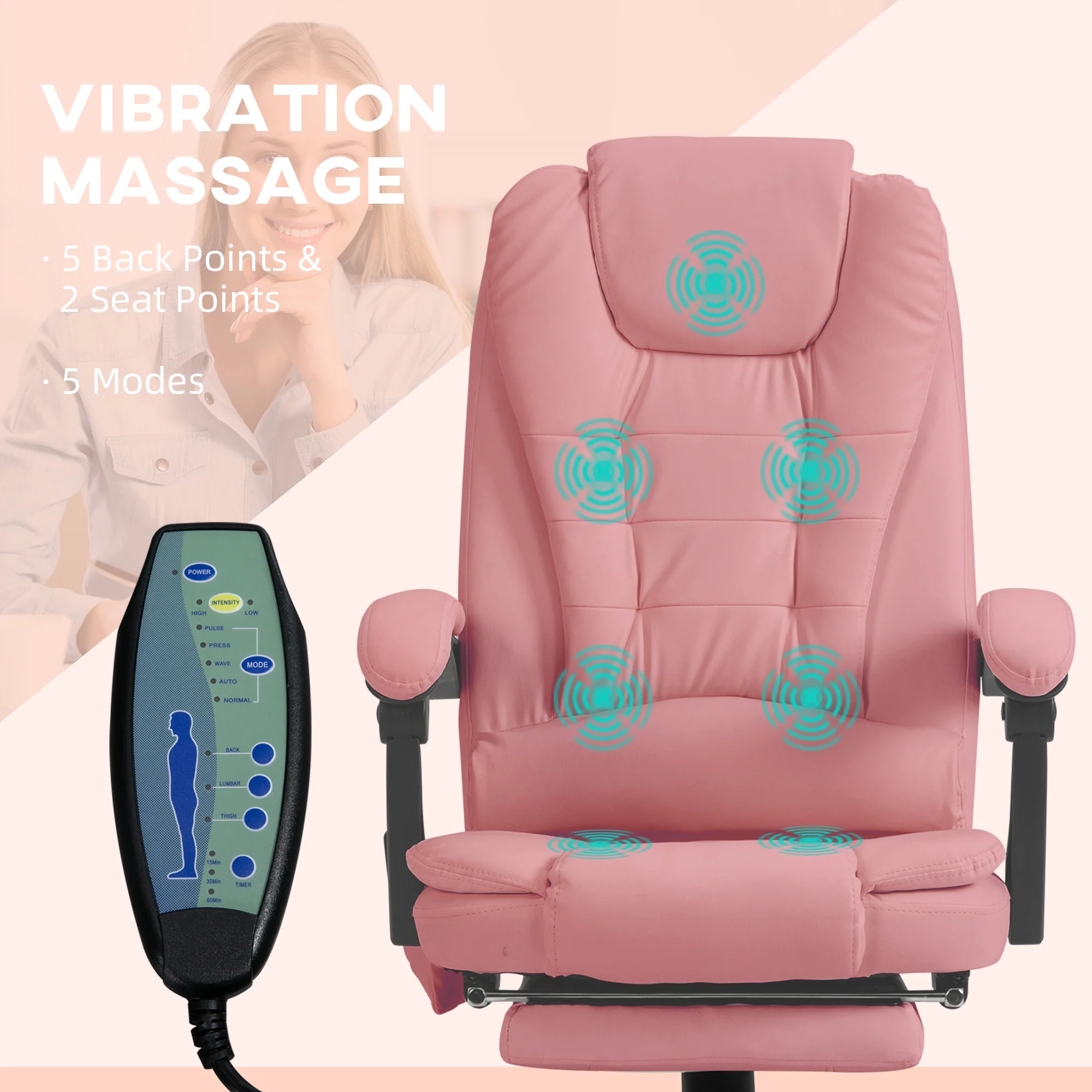 7-Point Massage Office Chair w/ Lumbar Support, Footrest & Adjustable Height, Pink - Image 6