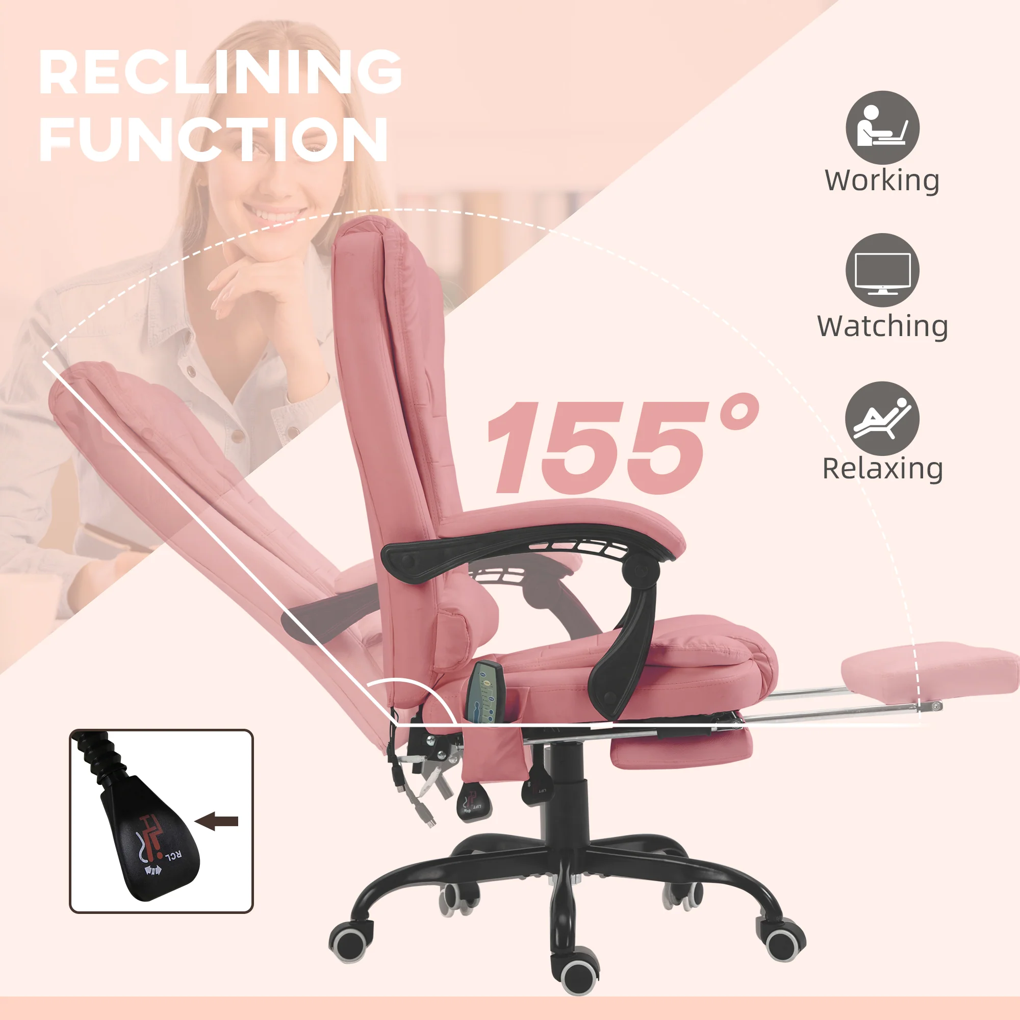 7-Point Massage Office Chair w/ Lumbar Support, Footrest & Adjustable Height, Pink - Image 7