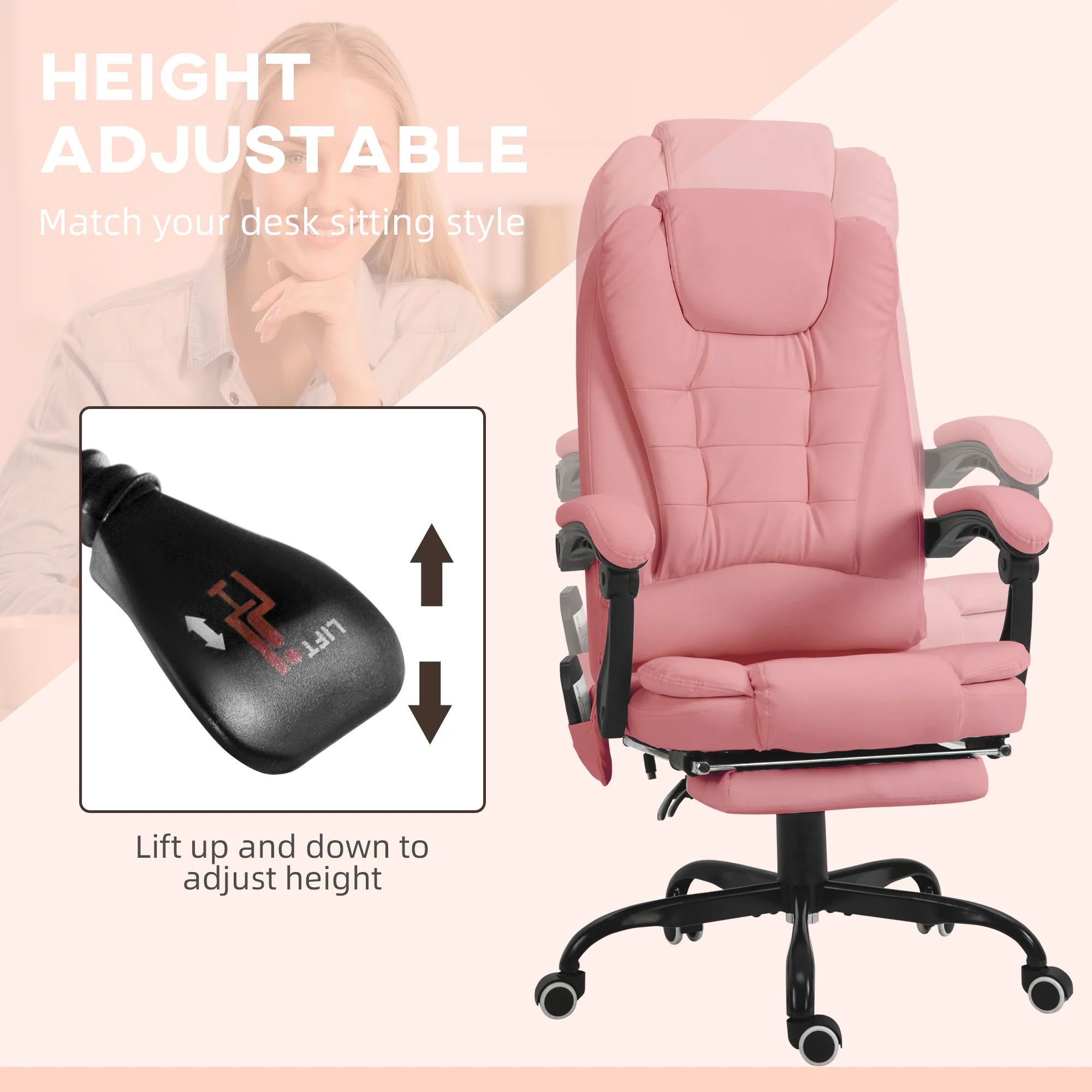 7-Point Massage Office Chair w/ Lumbar Support, Footrest & Adjustable Height, Pink - Image 8