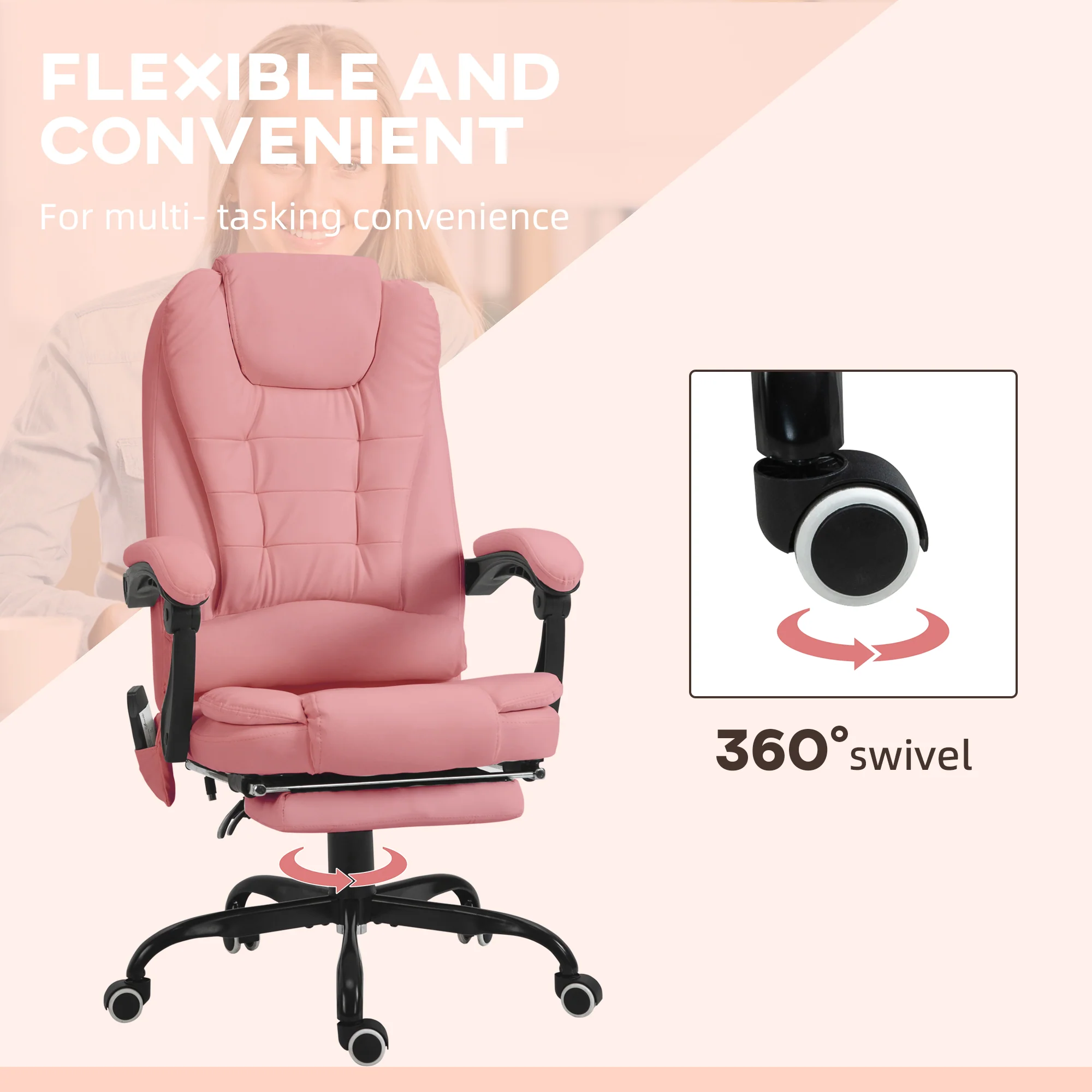 7-Point Massage Office Chair w/ Lumbar Support, Footrest & Adjustable Height, Pink - Image 9