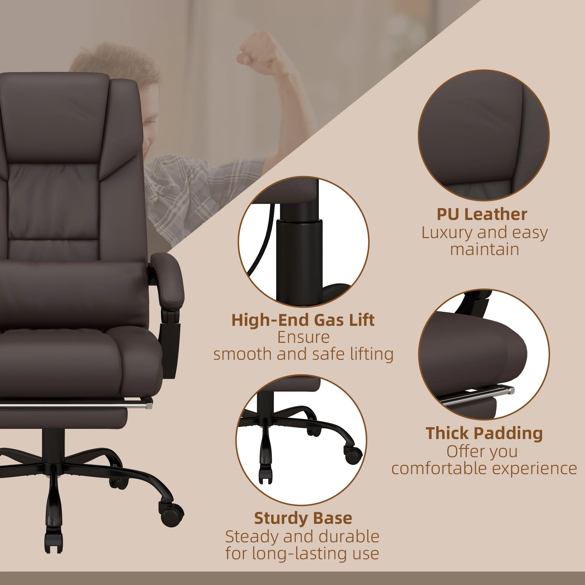 6 Vibrating Points Massage Office Chair, High Back Reclining Chair w/ Footrest, Brown - Image 10