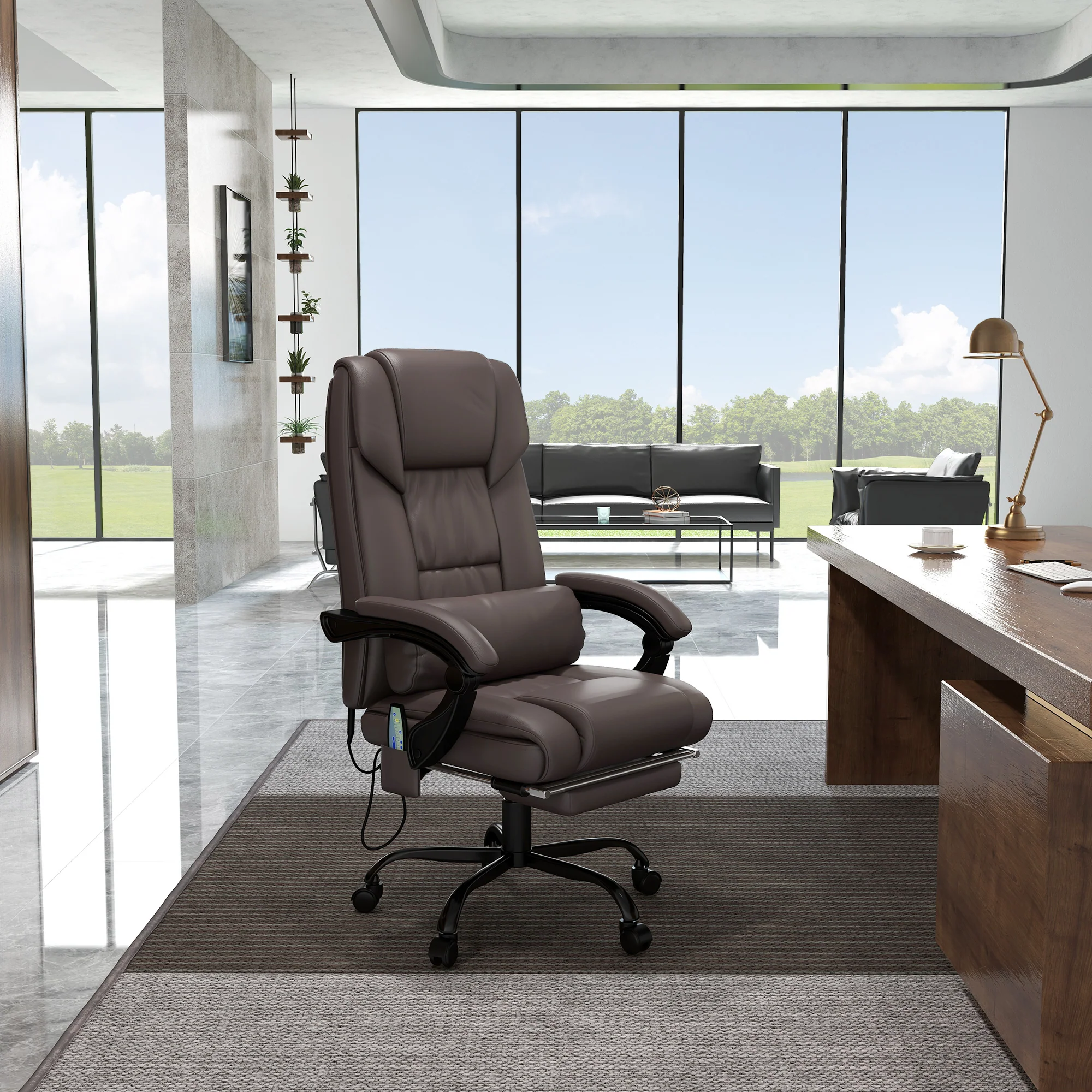 6 Vibrating Points Massage Office Chair, High Back Reclining Chair w/ Footrest, Brown - Image 4