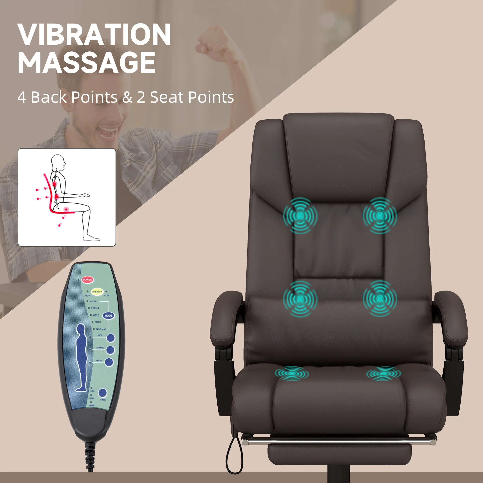 6 Vibrating Points Massage Office Chair, High Back Reclining Chair w/ Footrest, Brown - Image 6