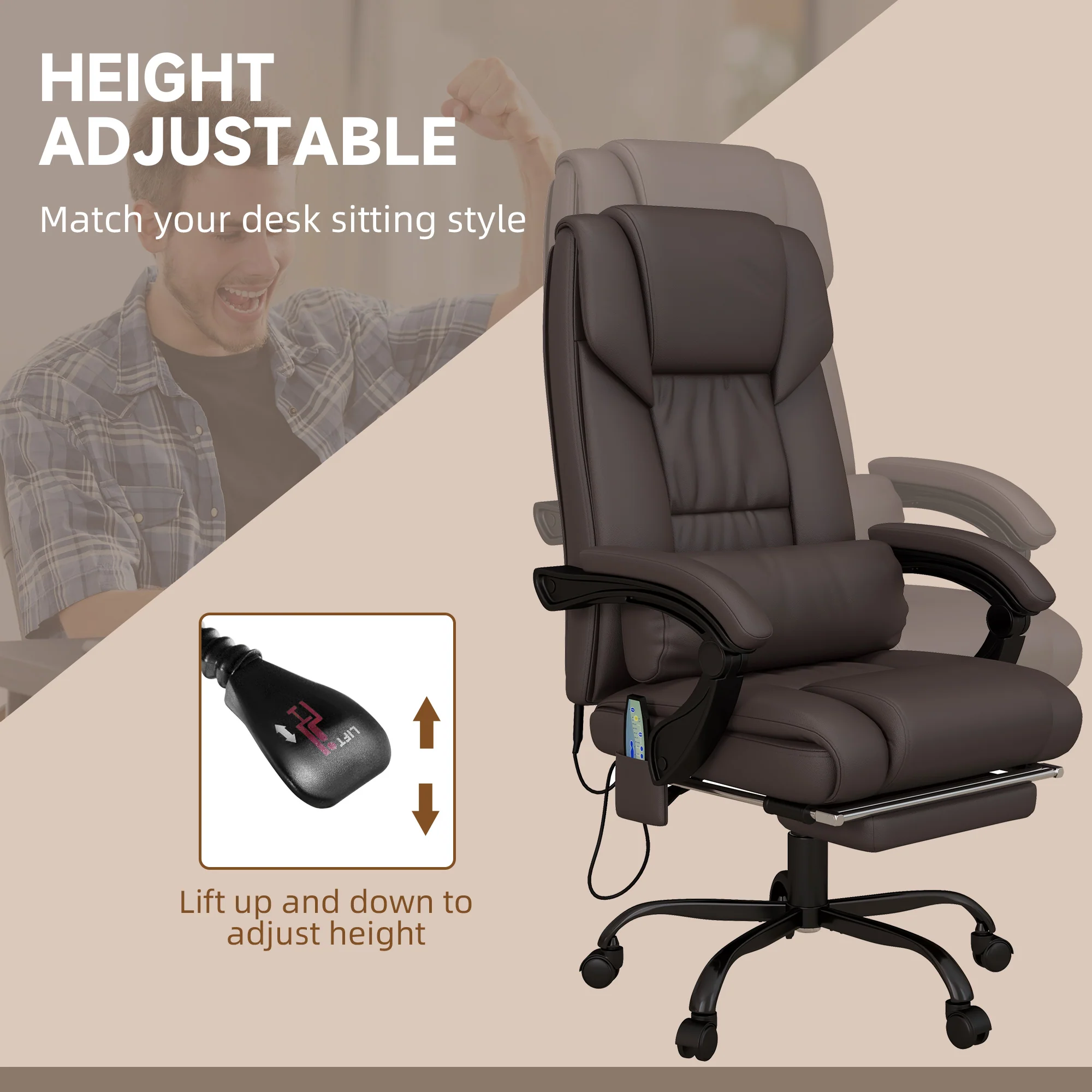 6 Vibrating Points Massage Office Chair, High Back Reclining Chair w/ Footrest, Brown - Image 7