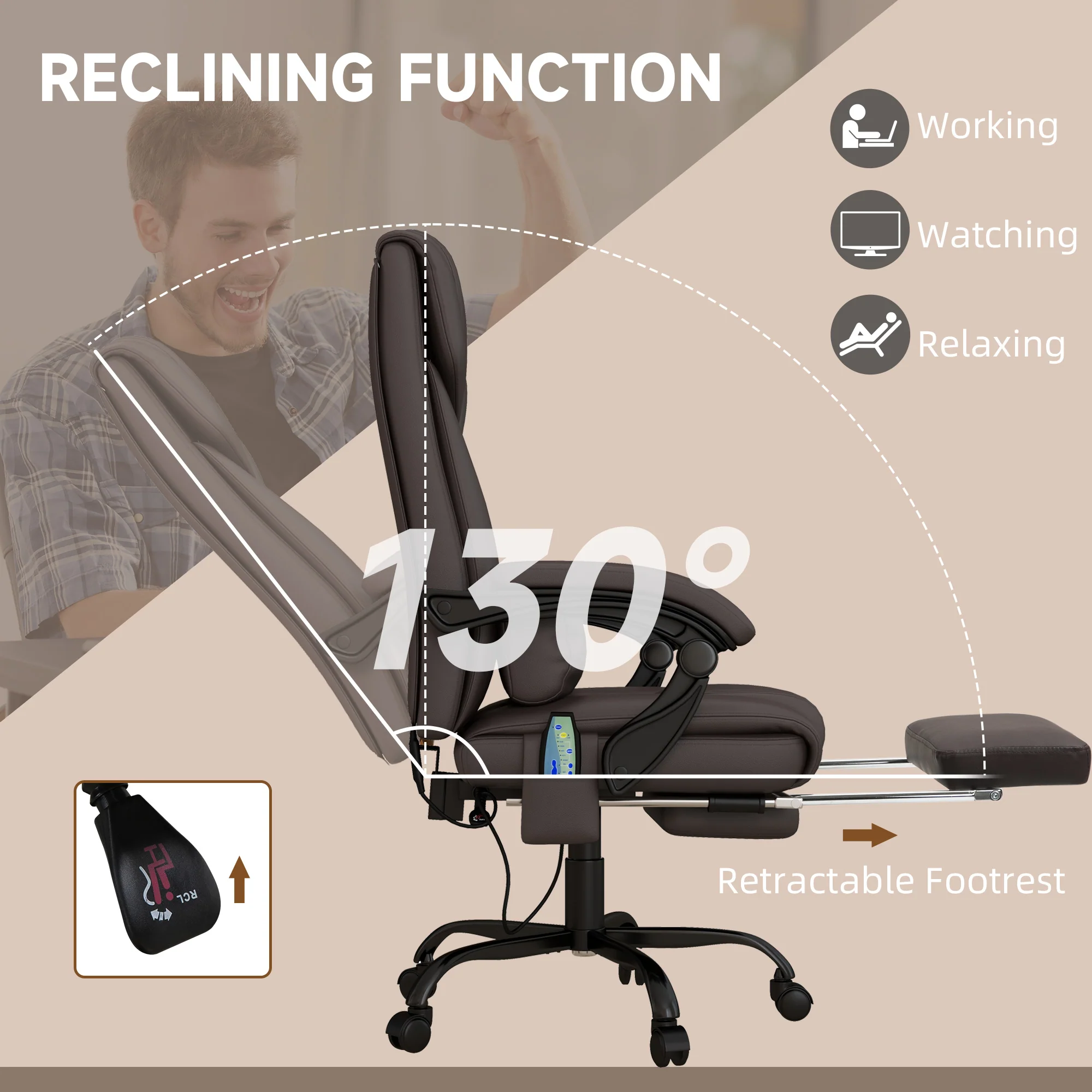 6 Vibrating Points Massage Office Chair, High Back Reclining Chair w/ Footrest, Brown - Image 8