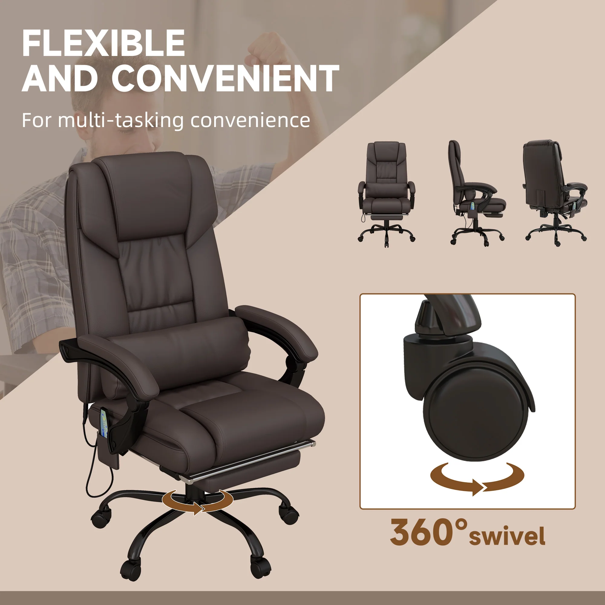 6 Vibrating Points Massage Office Chair, High Back Reclining Chair w/ Footrest, Brown - Image 9