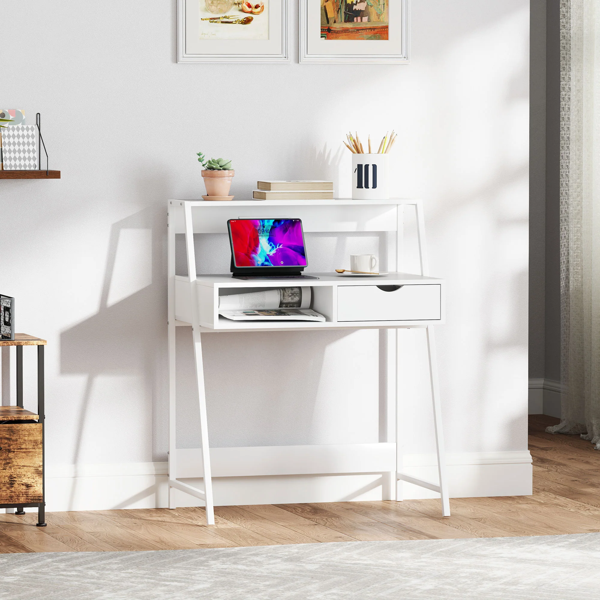 Home Office Computer Desk with Drawer & Storage Shelvesfor Small Spaces, White - Image 3
