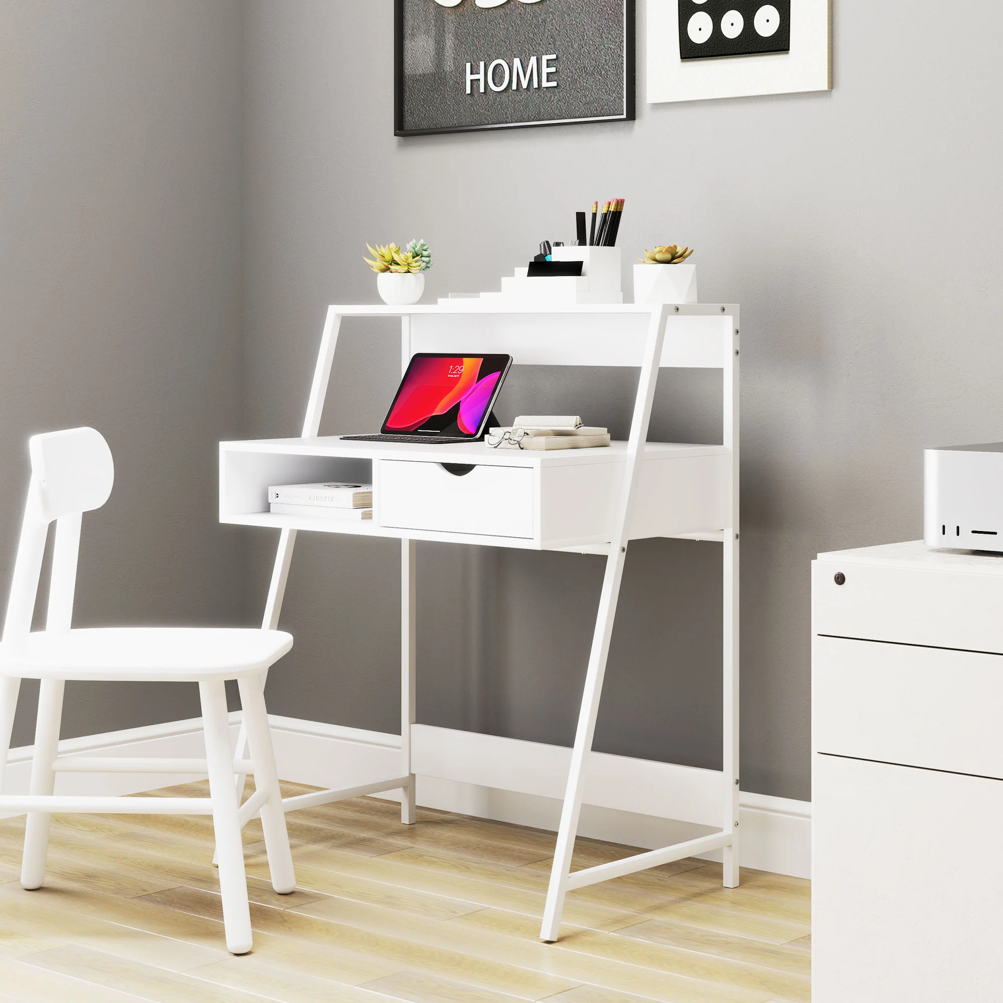 Home Office Computer Desk with Drawer & Storage Shelvesfor Small Spaces, White - Image 4