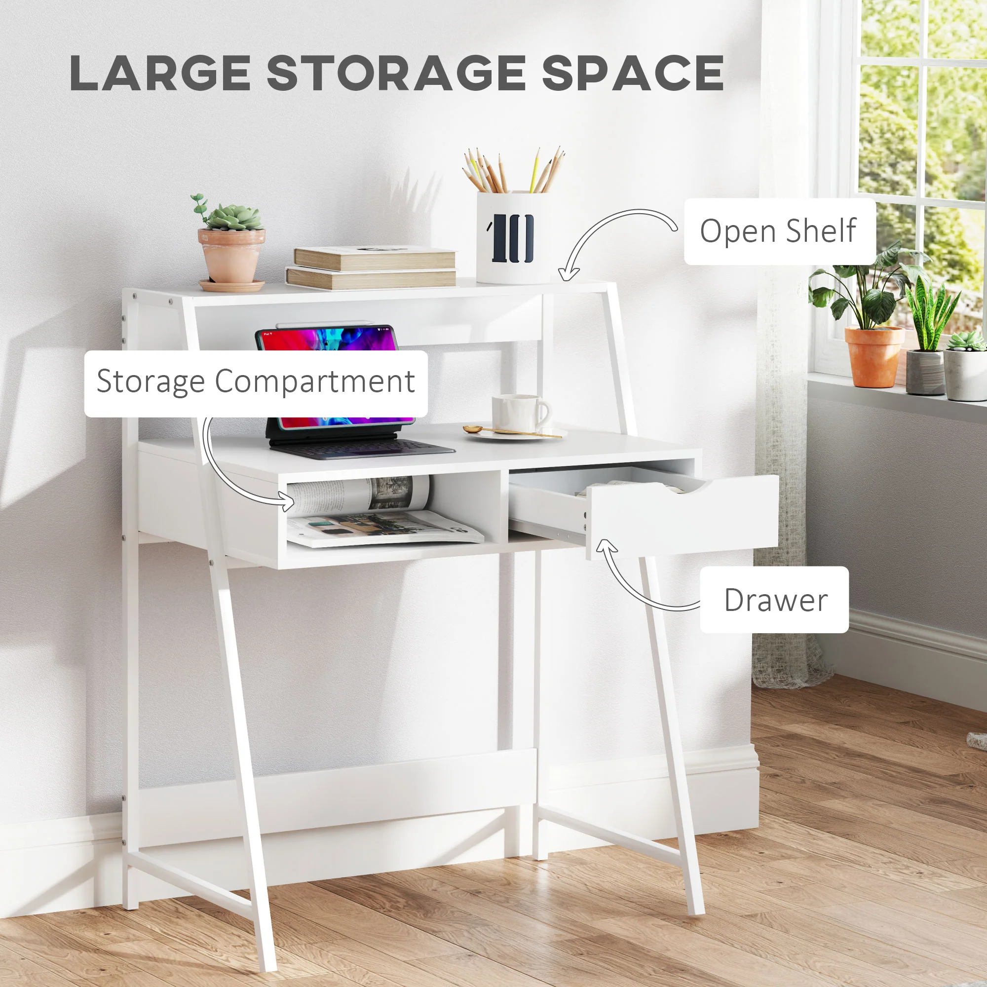 Home Office Computer Desk with Drawer & Storage Shelvesfor Small Spaces, White - Image 6