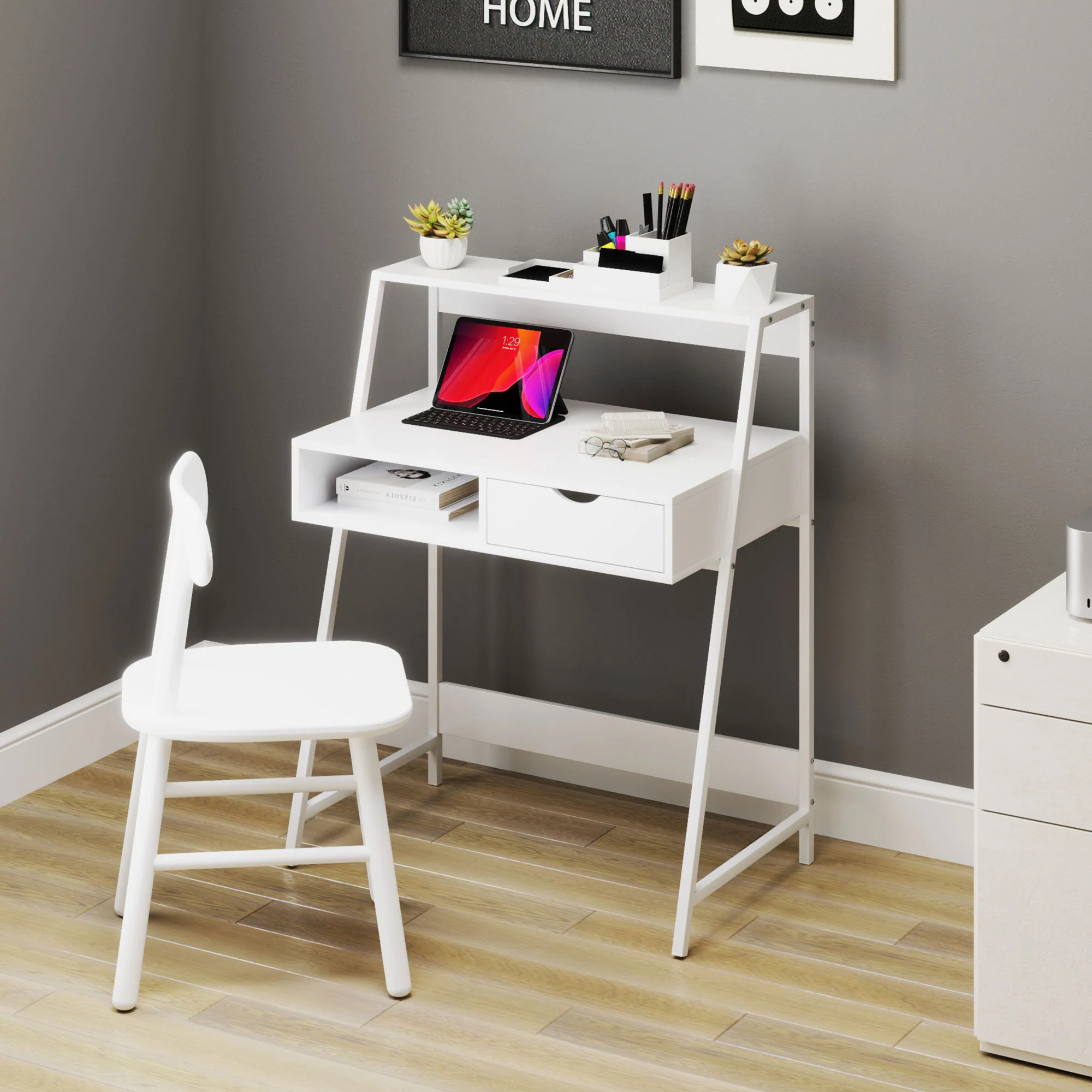 Home Office Computer Desk with Drawer & Storage Shelvesfor Small Spaces, White - Image 8