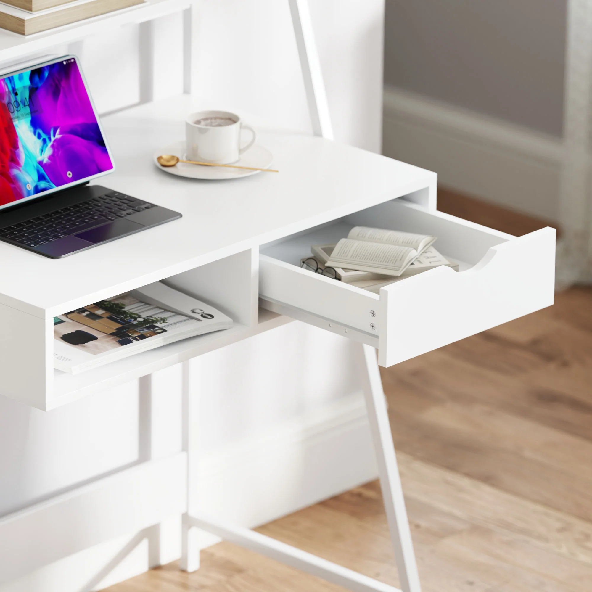 Home Office Computer Desk with Drawer & Storage Shelvesfor Small Spaces, White - Image 9