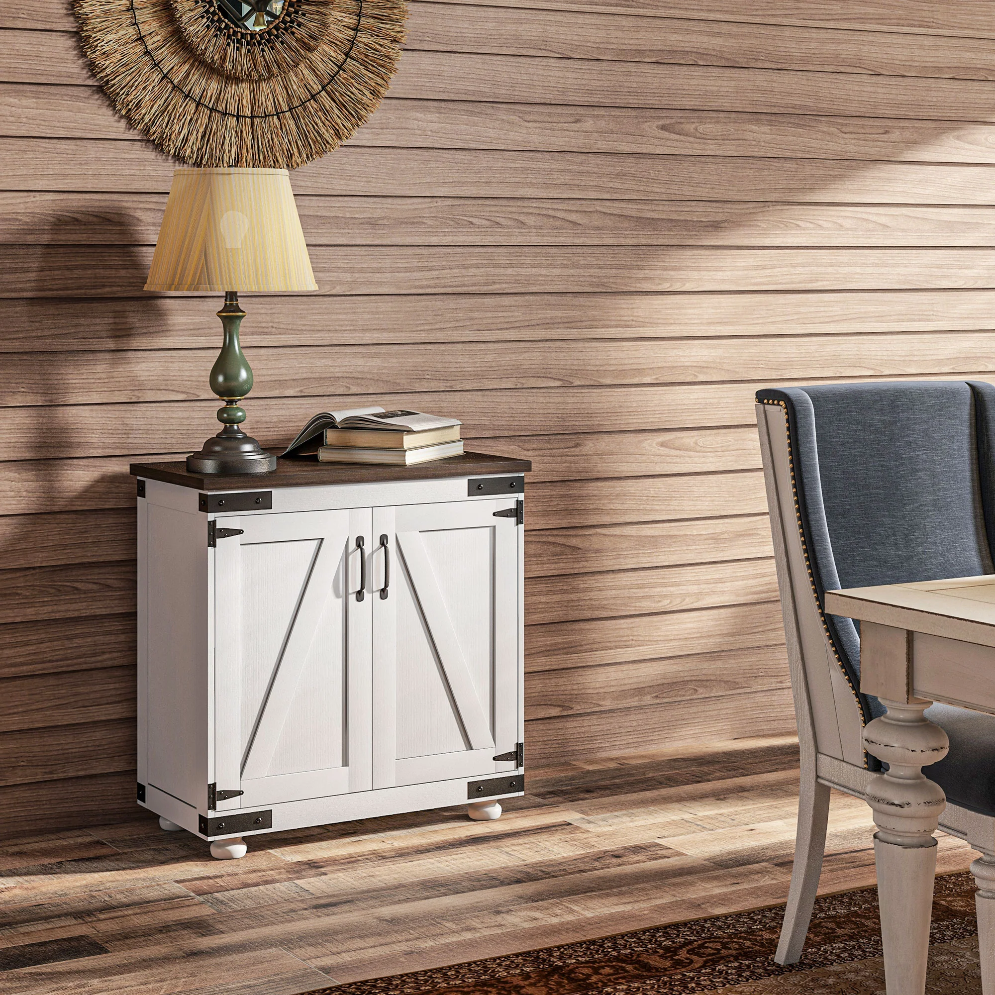 Kitchen Buffet Cabinet with Barn Door and Adjustable Shelf, Distressed White & Brown - Image 10