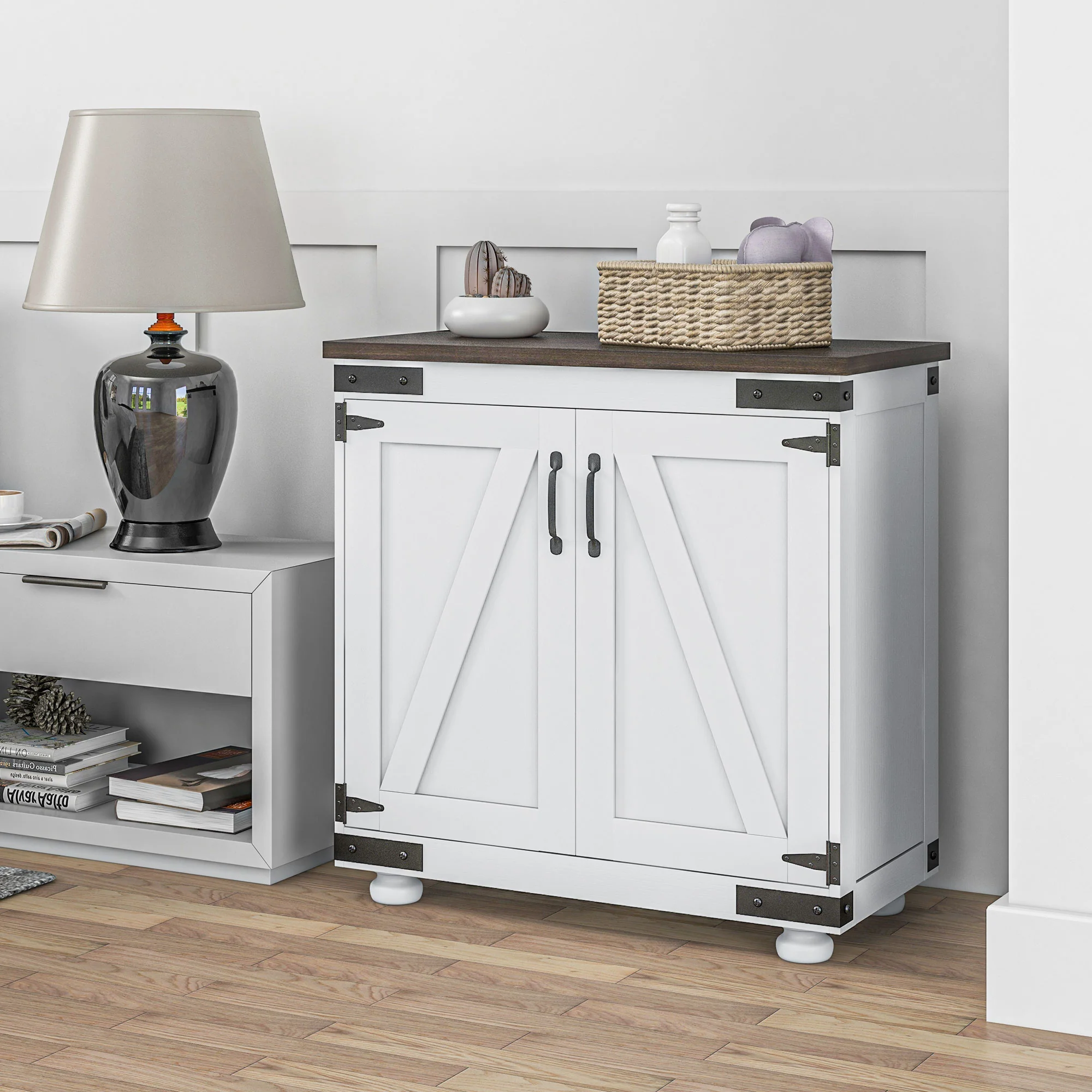 Kitchen Buffet Cabinet with Barn Door and Adjustable Shelf, Distressed White & Brown - Image 11