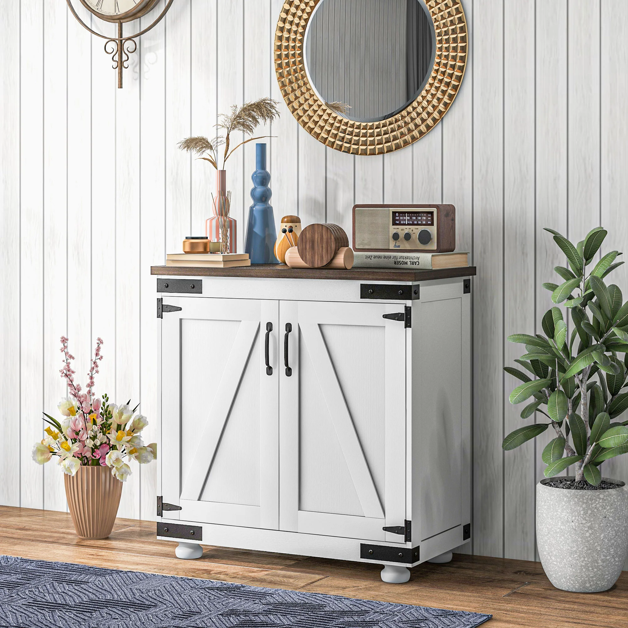Kitchen Buffet Cabinet with Barn Door and Adjustable Shelf, Distressed White & Brown - Image 3