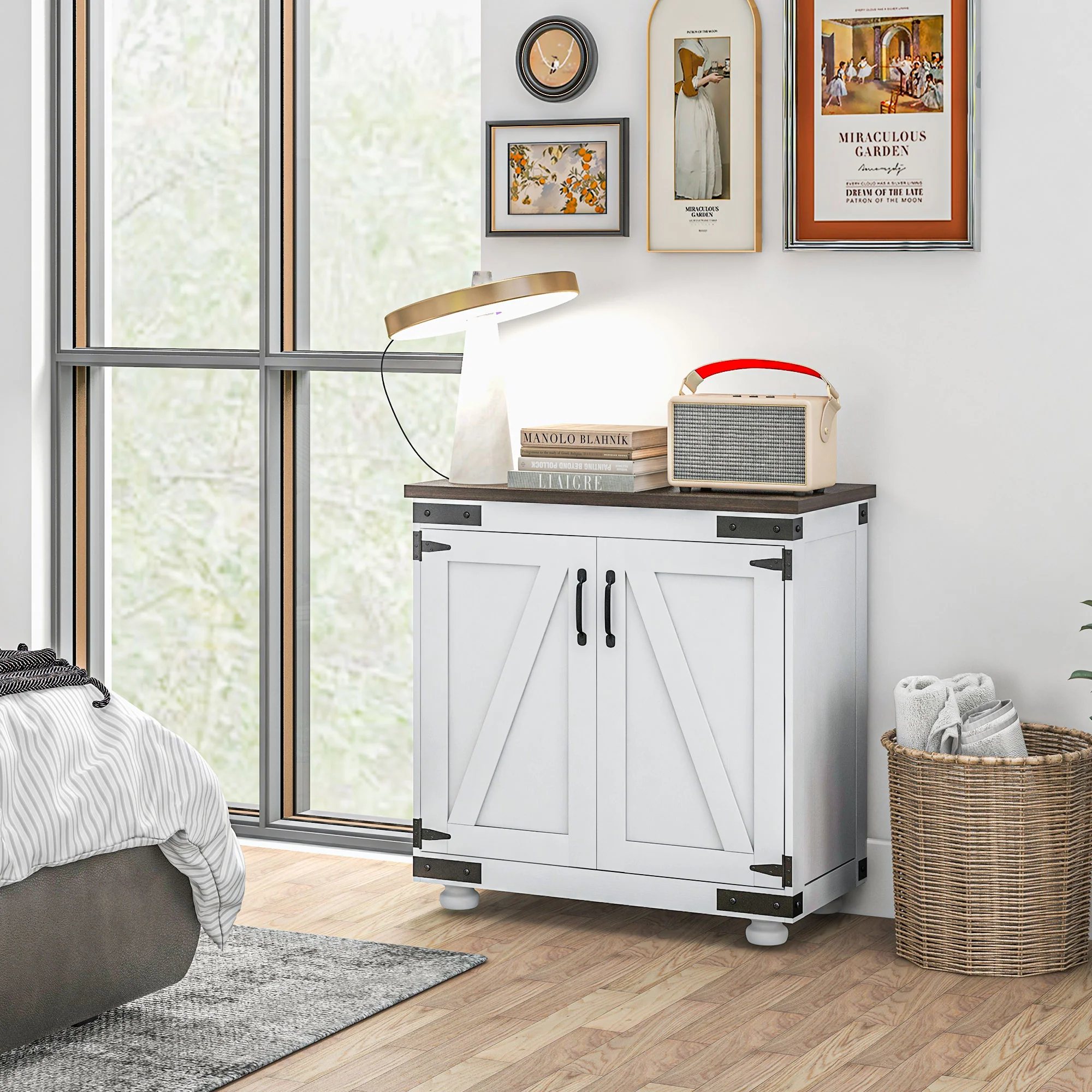 Kitchen Buffet Cabinet with Barn Door and Adjustable Shelf, Distressed White & Brown - Image 4