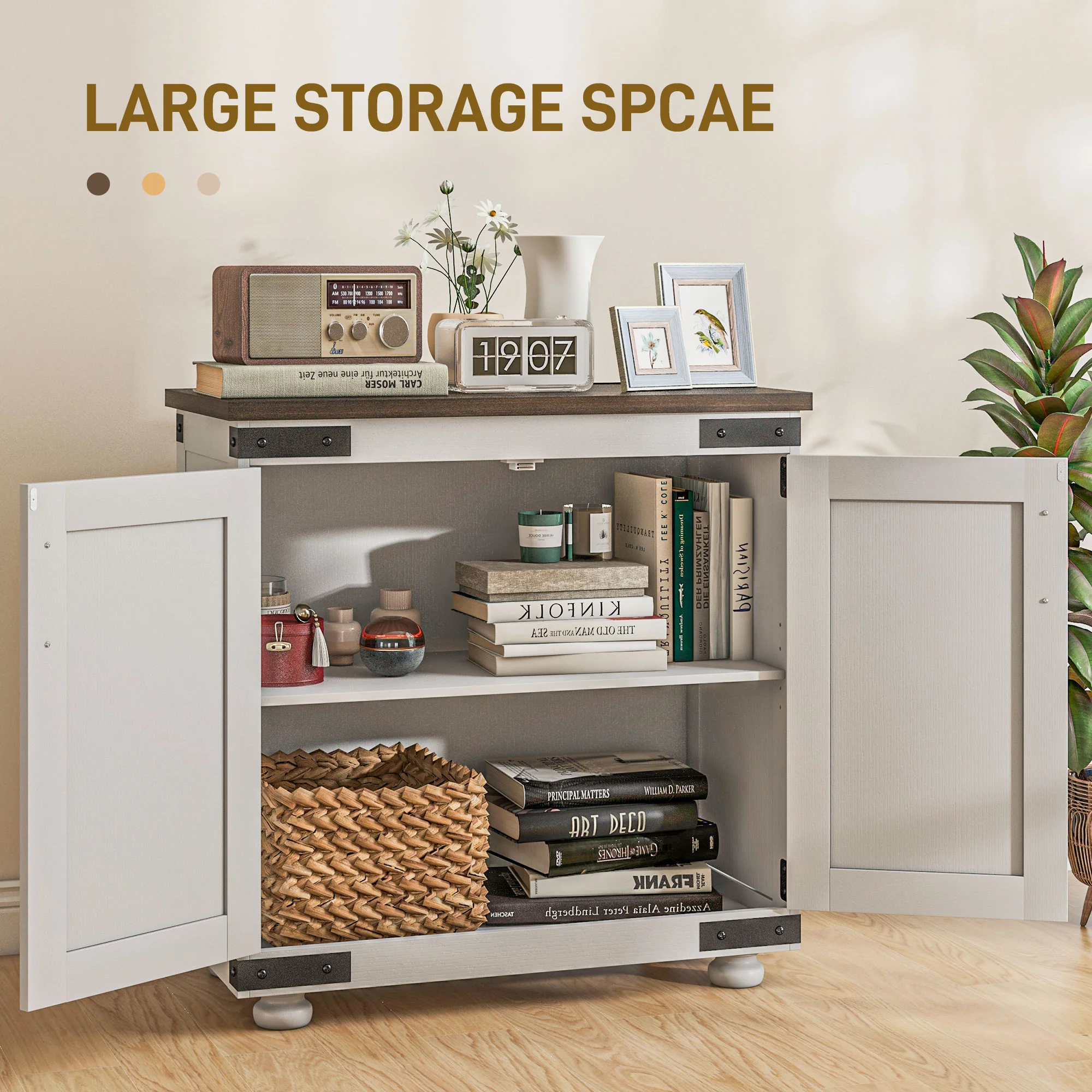 Kitchen Buffet Cabinet with Barn Door and Adjustable Shelf, Distressed White & Brown - Image 6