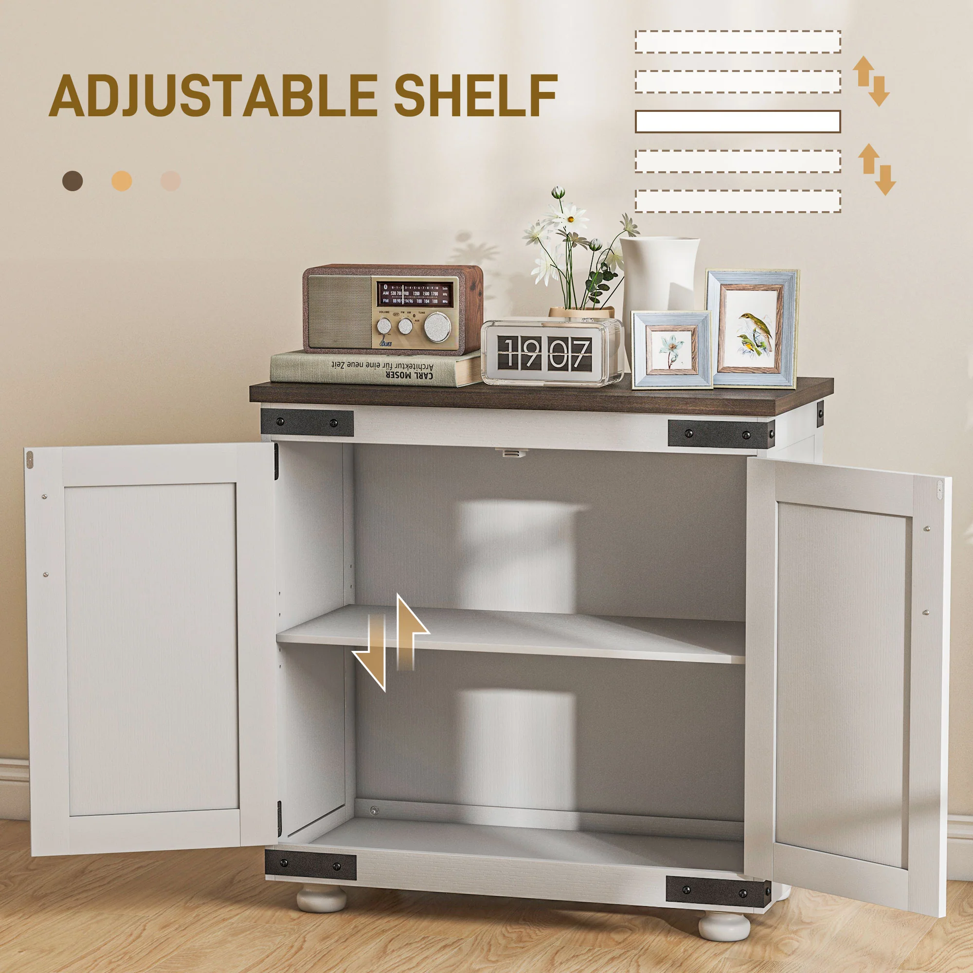 Kitchen Buffet Cabinet with Barn Door and Adjustable Shelf, Distressed White & Brown - Image 7