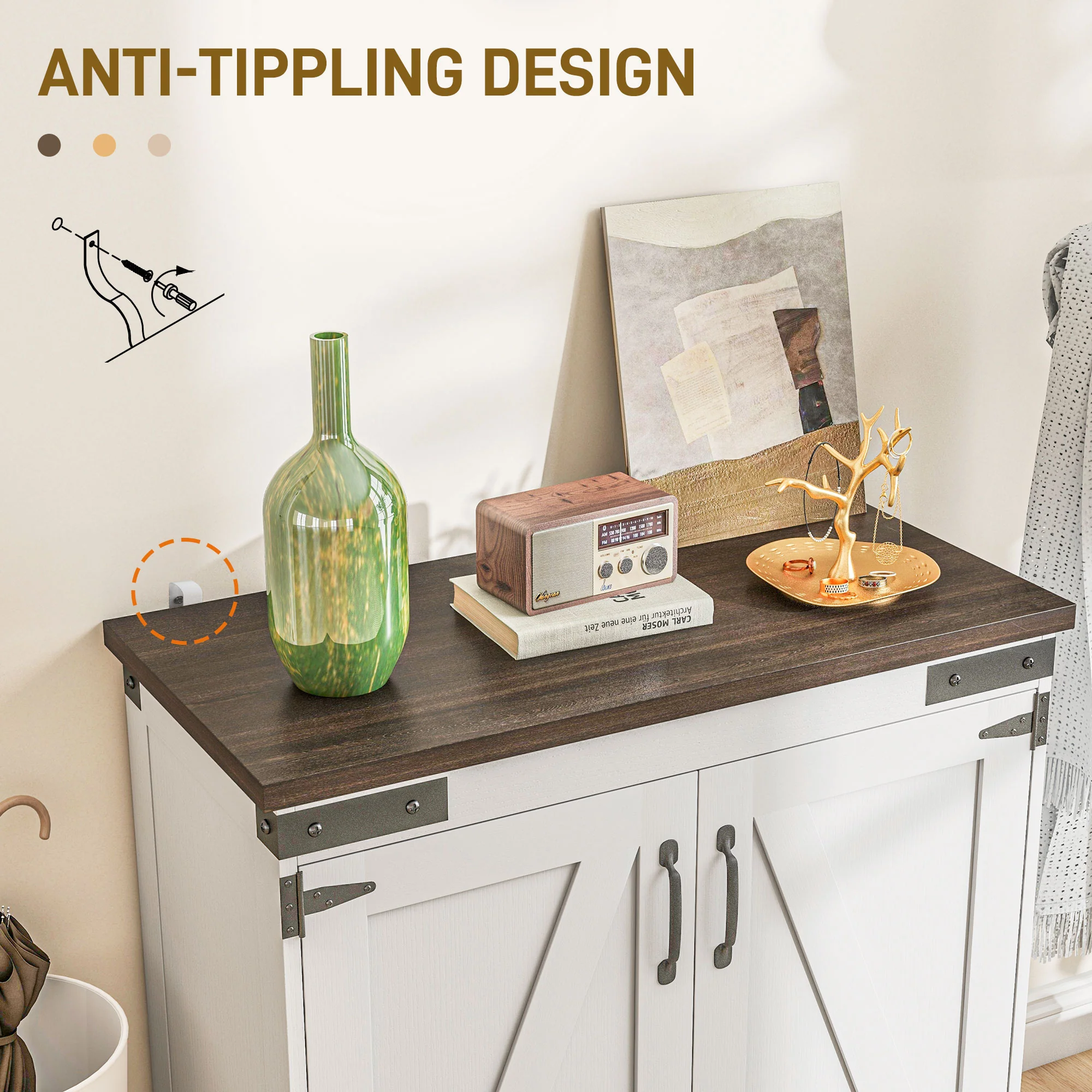 Kitchen Buffet Cabinet with Barn Door and Adjustable Shelf, Distressed White & Brown - Image 8