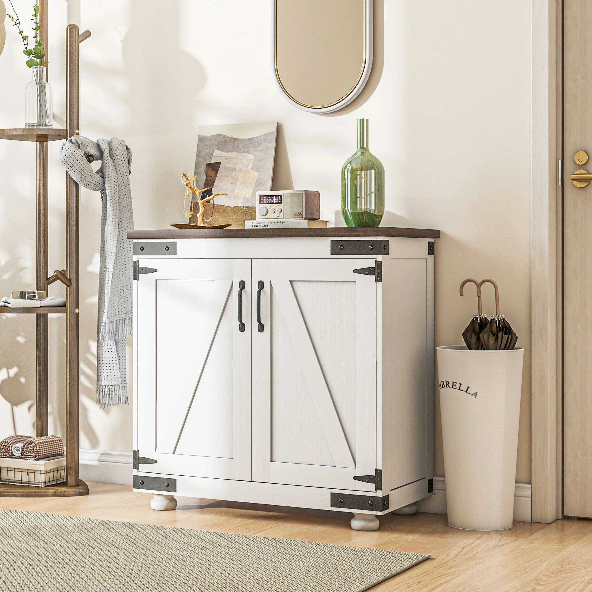 Kitchen Buffet Cabinet with Barn Door and Adjustable Shelf, Distressed White & Brown - Image 9