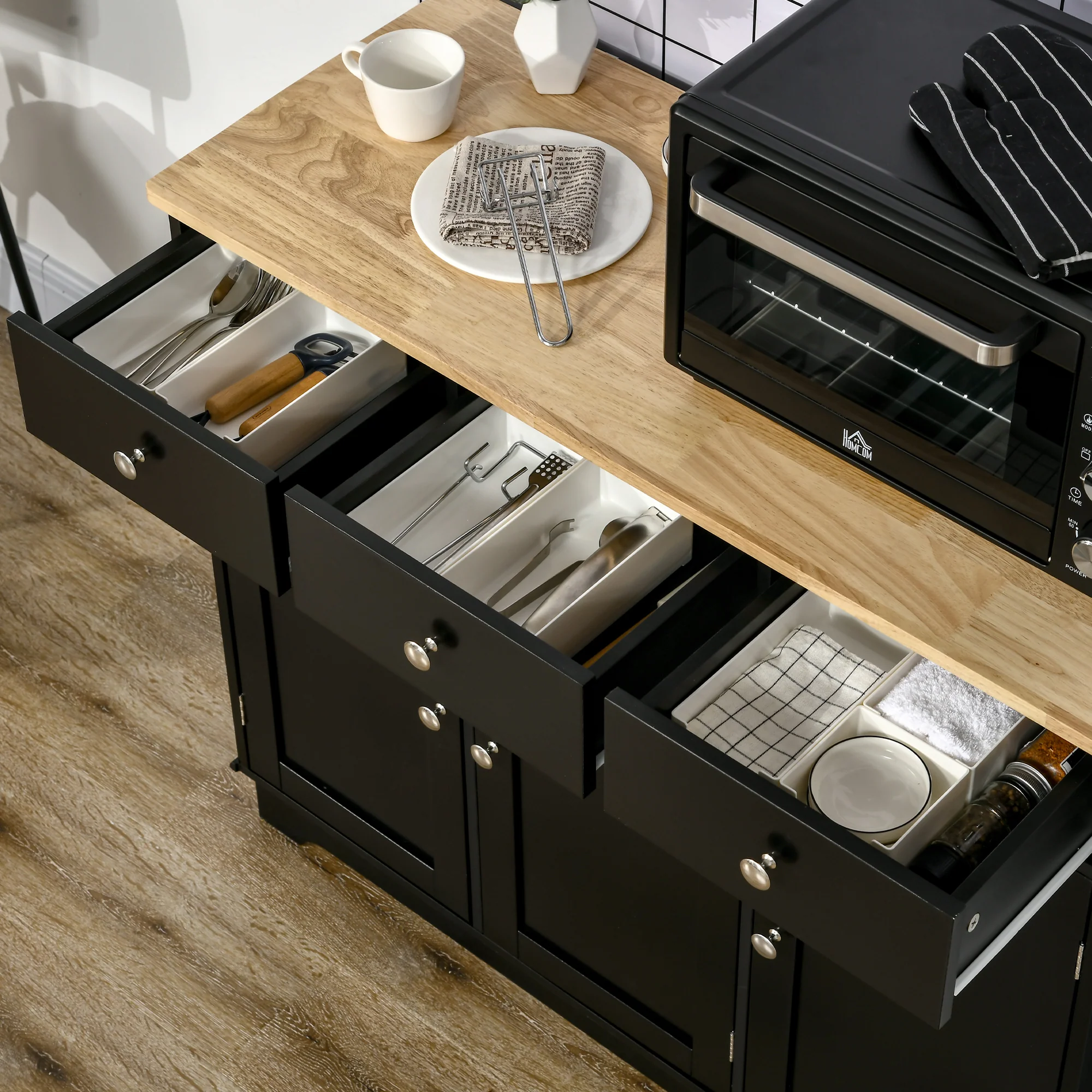 Kitchen Sideboard Floor Cupboard w/ Solid Wood Top, Adjustable Shelf & 3 Drawers, Black - Image 11