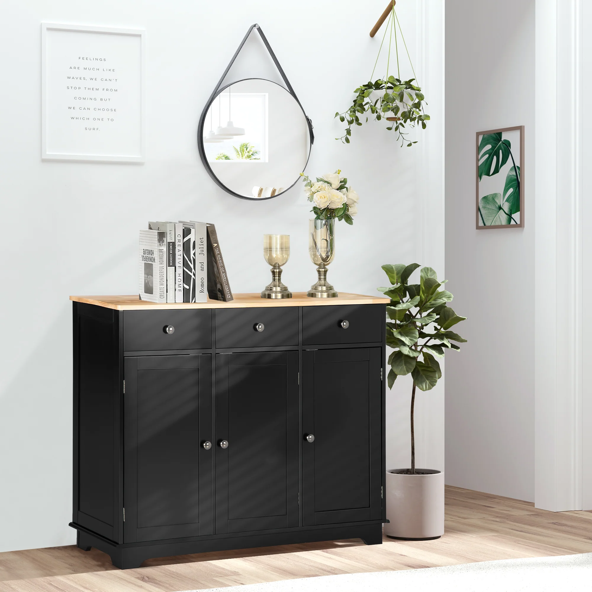 Kitchen Sideboard Floor Cupboard w/ Solid Wood Top, Adjustable Shelf & 3 Drawers, Black - Image 3