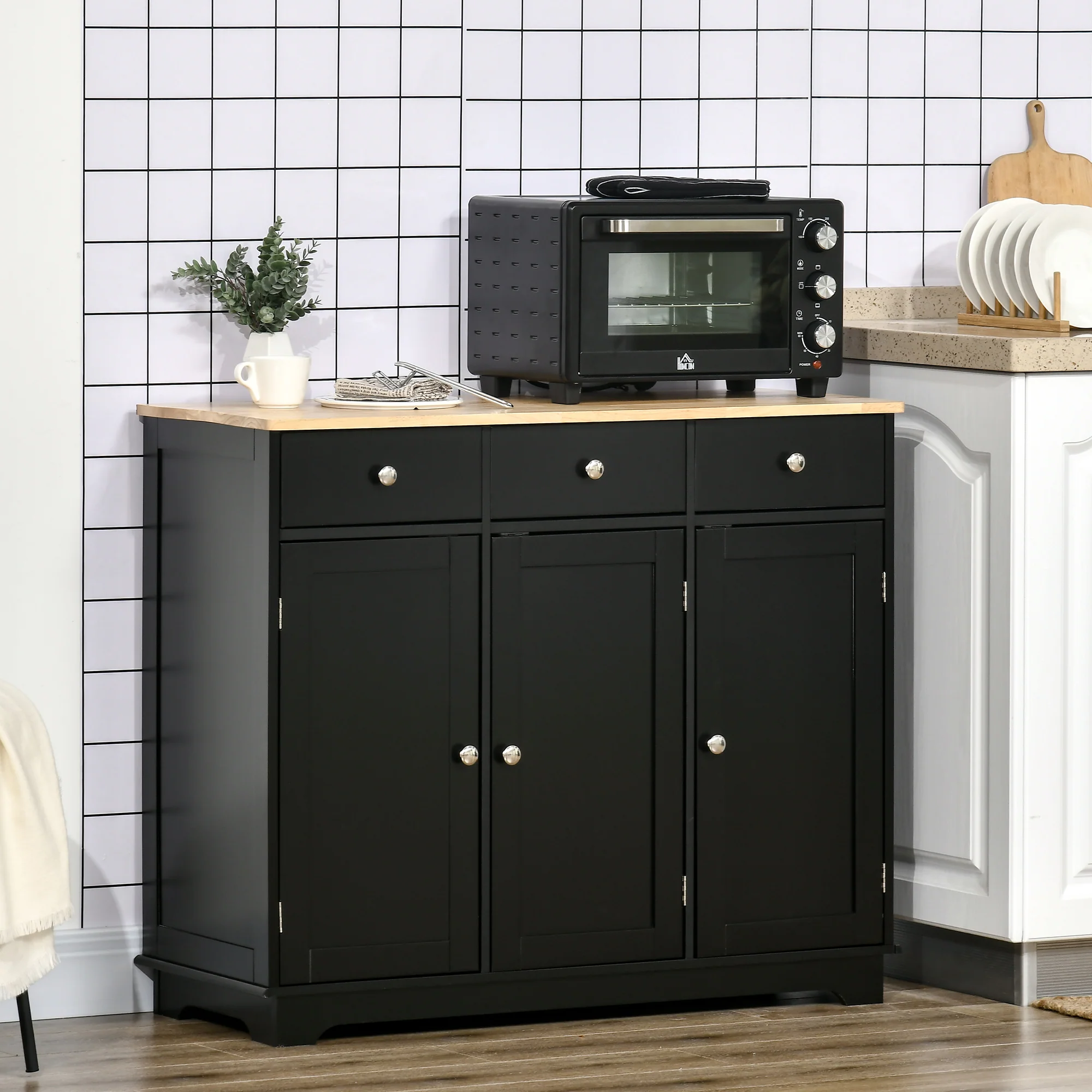 Kitchen Sideboard Floor Cupboard w/ Solid Wood Top, Adjustable Shelf & 3 Drawers, Black - Image 4