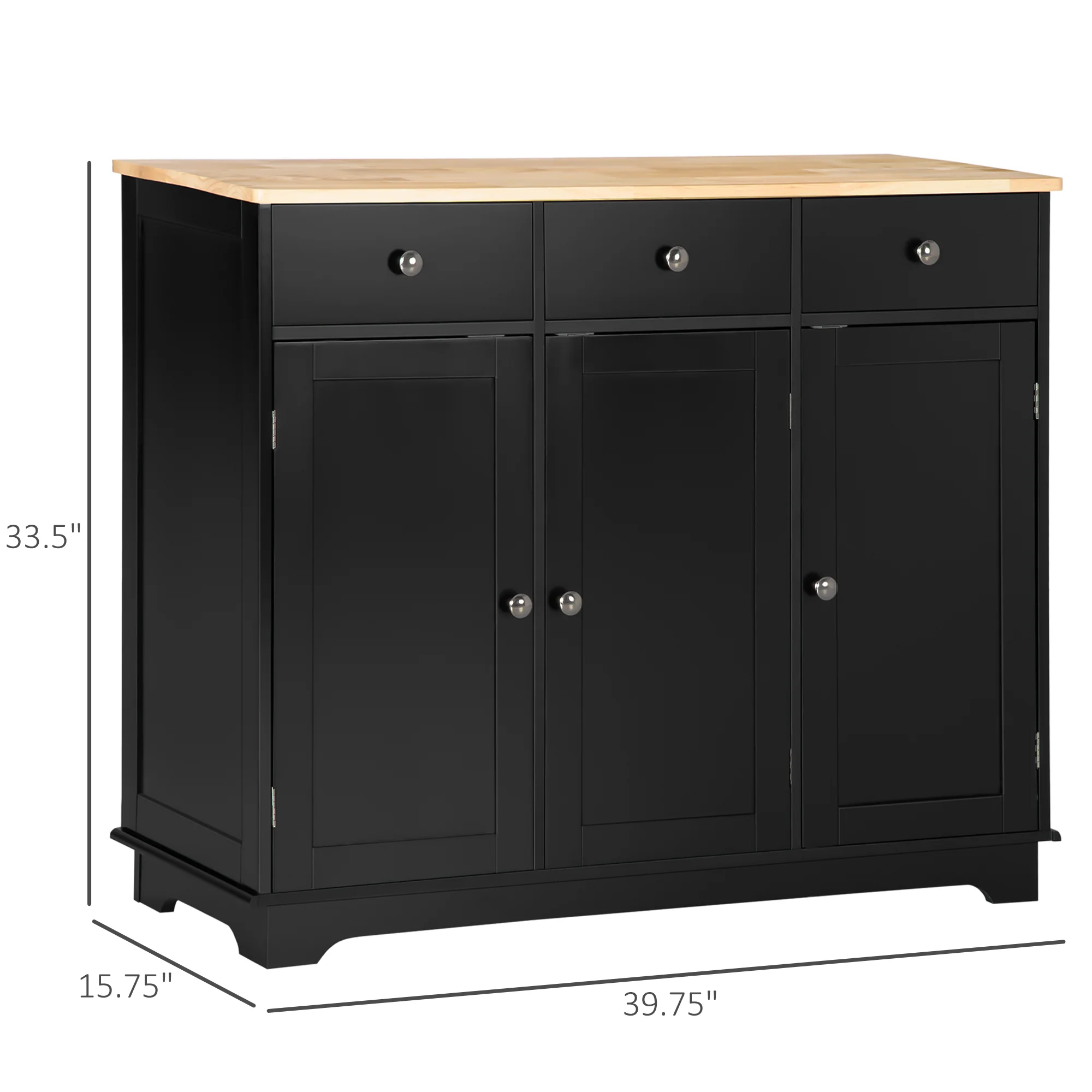 Kitchen Sideboard Floor Cupboard w/ Solid Wood Top, Adjustable Shelf & 3 Drawers, Black - Image 5