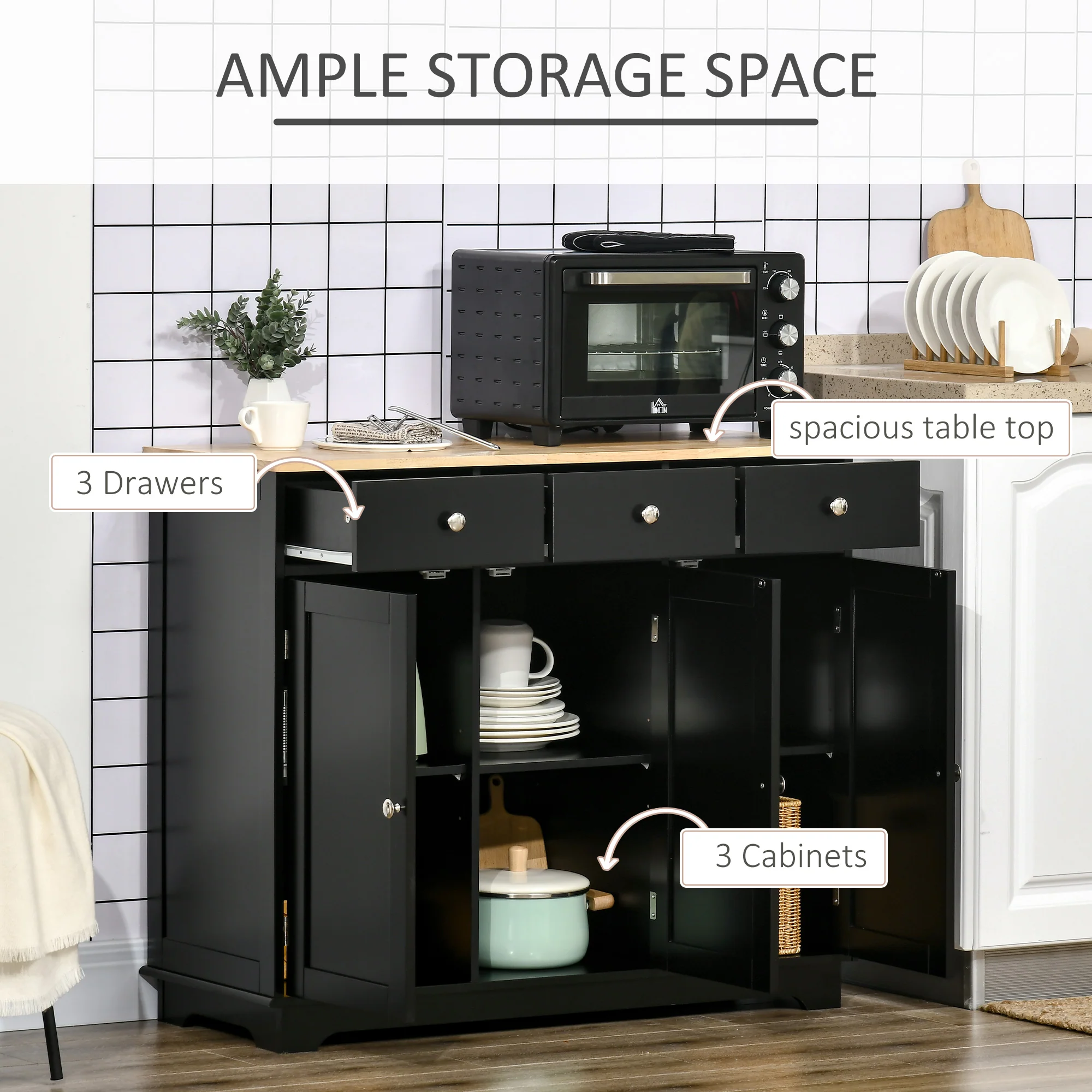 Kitchen Sideboard Floor Cupboard w/ Solid Wood Top, Adjustable Shelf & 3 Drawers, Black - Image 6