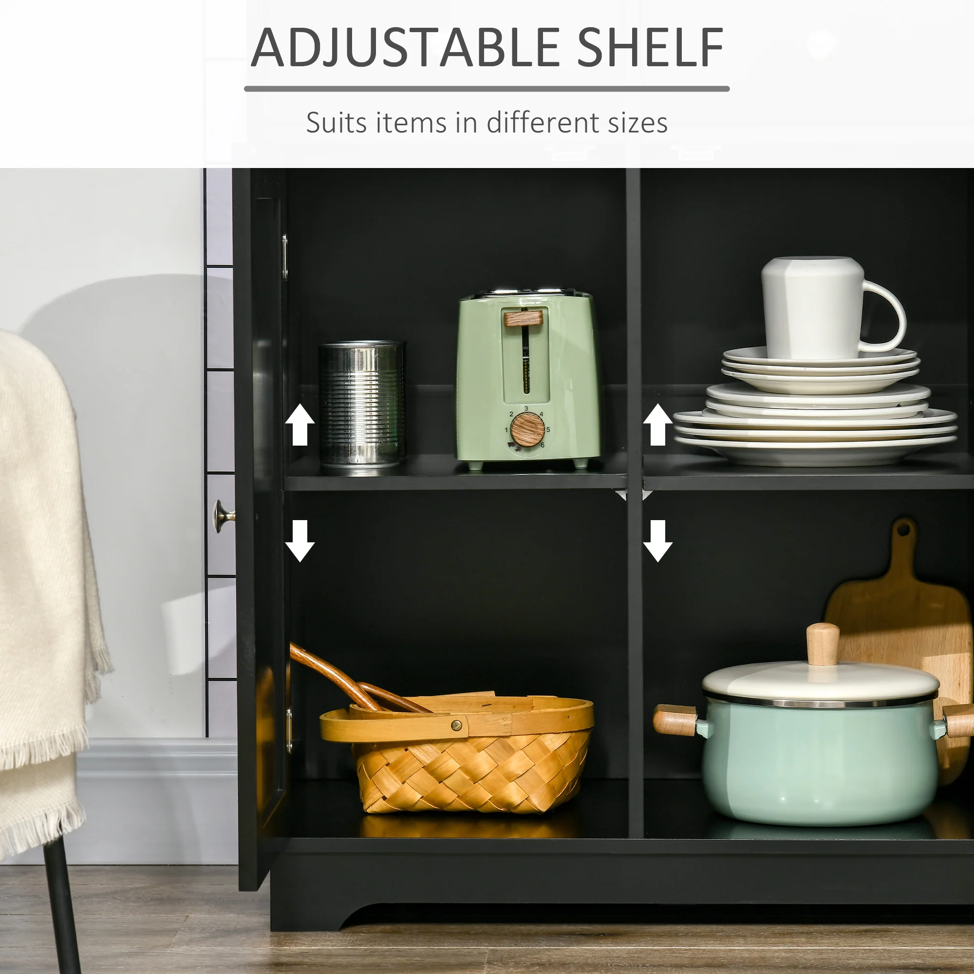Kitchen Sideboard Floor Cupboard w/ Solid Wood Top, Adjustable Shelf & 3 Drawers, Black - Image 7