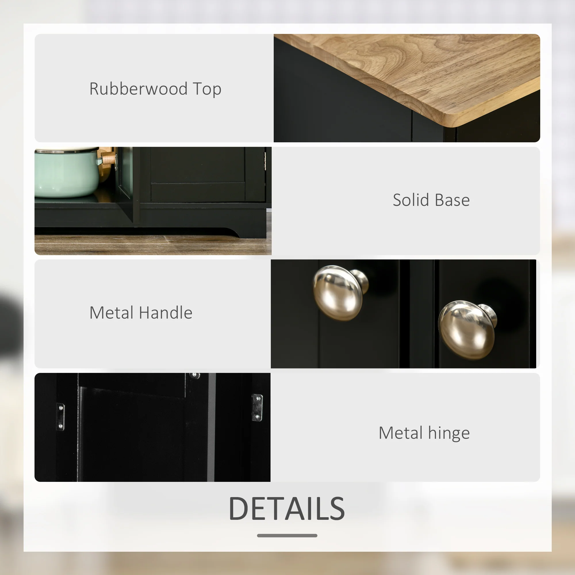 Kitchen Sideboard Floor Cupboard w/ Solid Wood Top, Adjustable Shelf & 3 Drawers, Black - Image 8