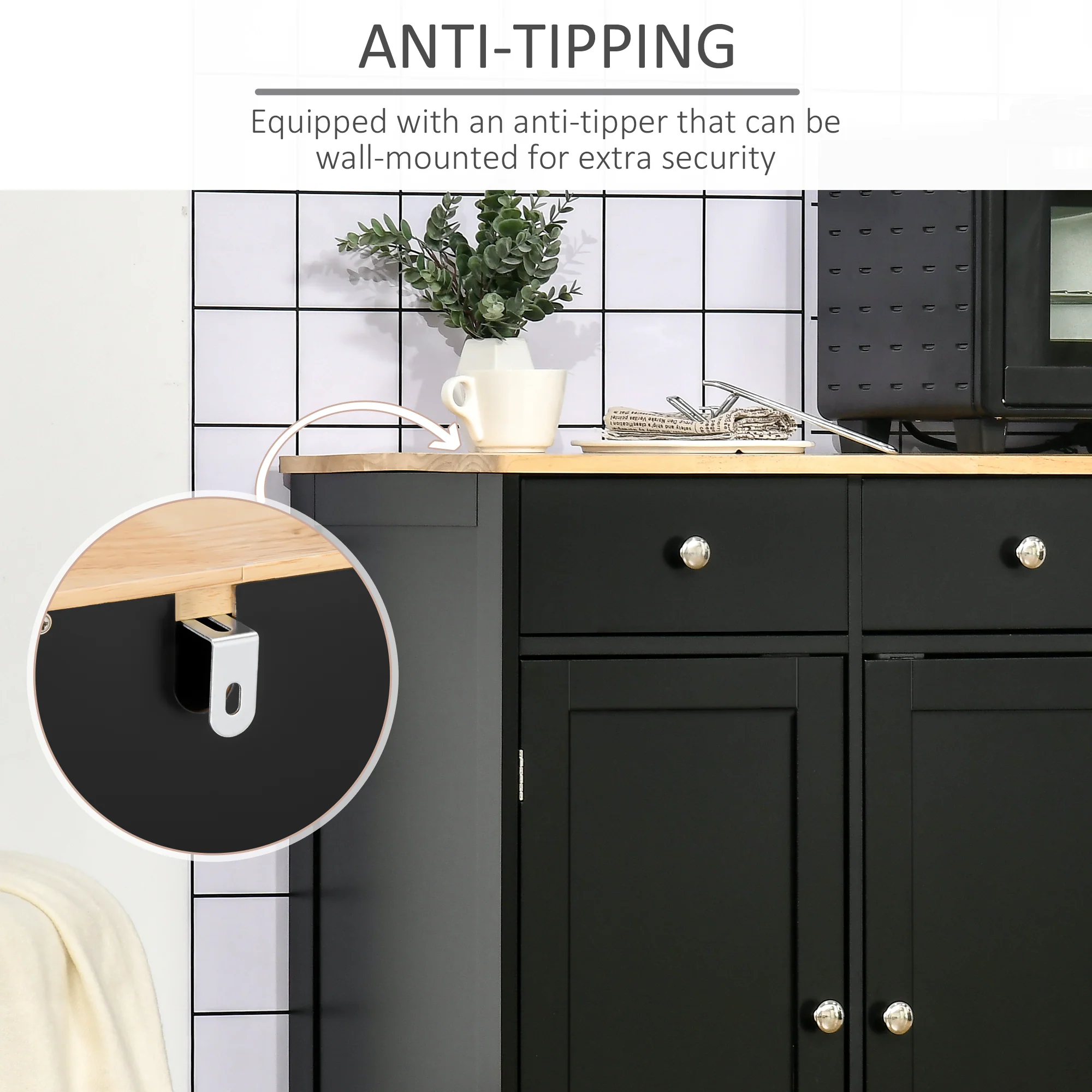 Kitchen Sideboard Floor Cupboard w/ Solid Wood Top, Adjustable Shelf & 3 Drawers, Black - Image 9