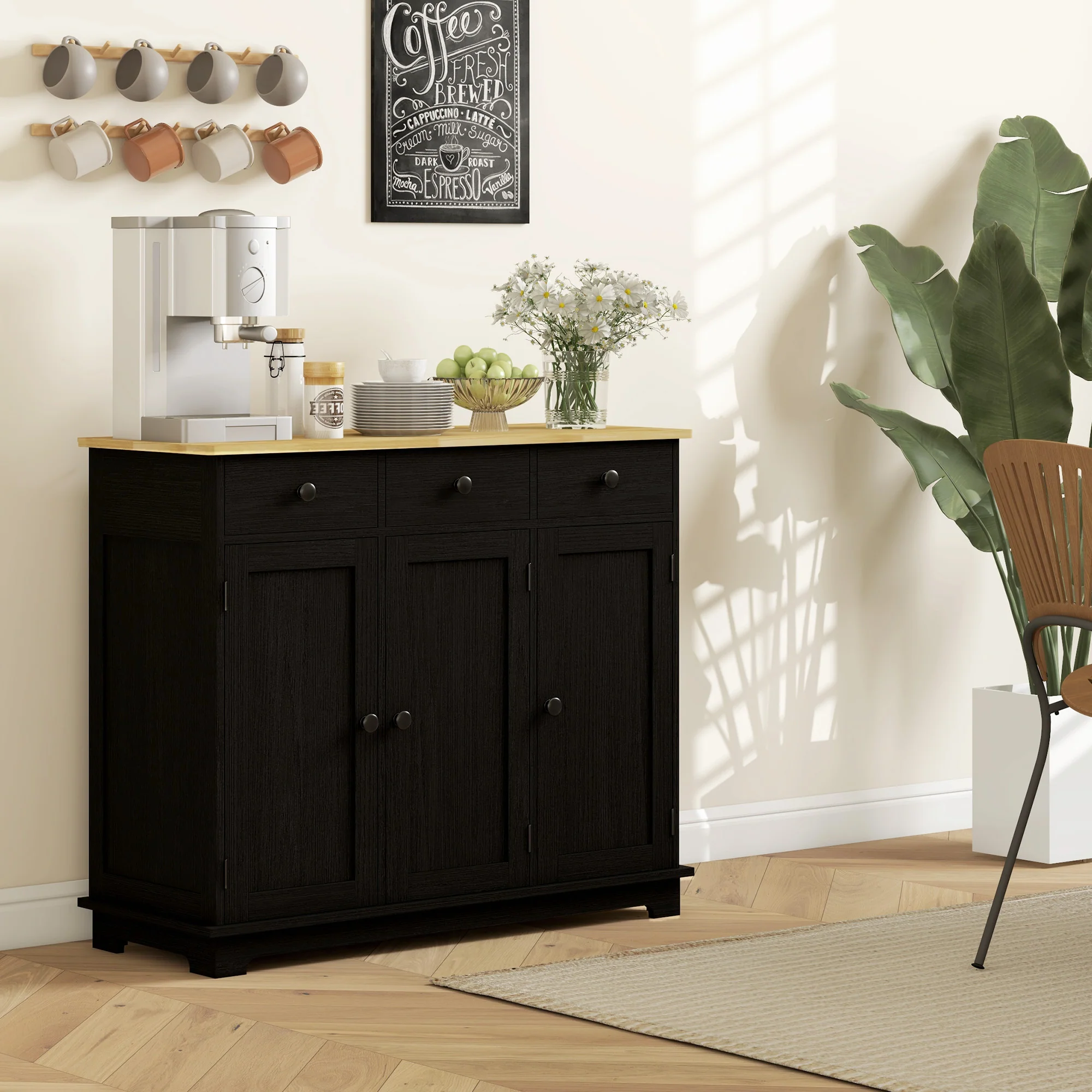 Sideboard Floor Cupboard, Solid Wood Top, Adjustable Shelf & 3 Drawers, Black Wood Grain - Image 10
